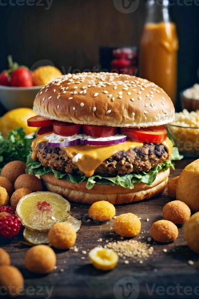ai generiert ein köstlich Cheeseburger mit frisch Belag foto