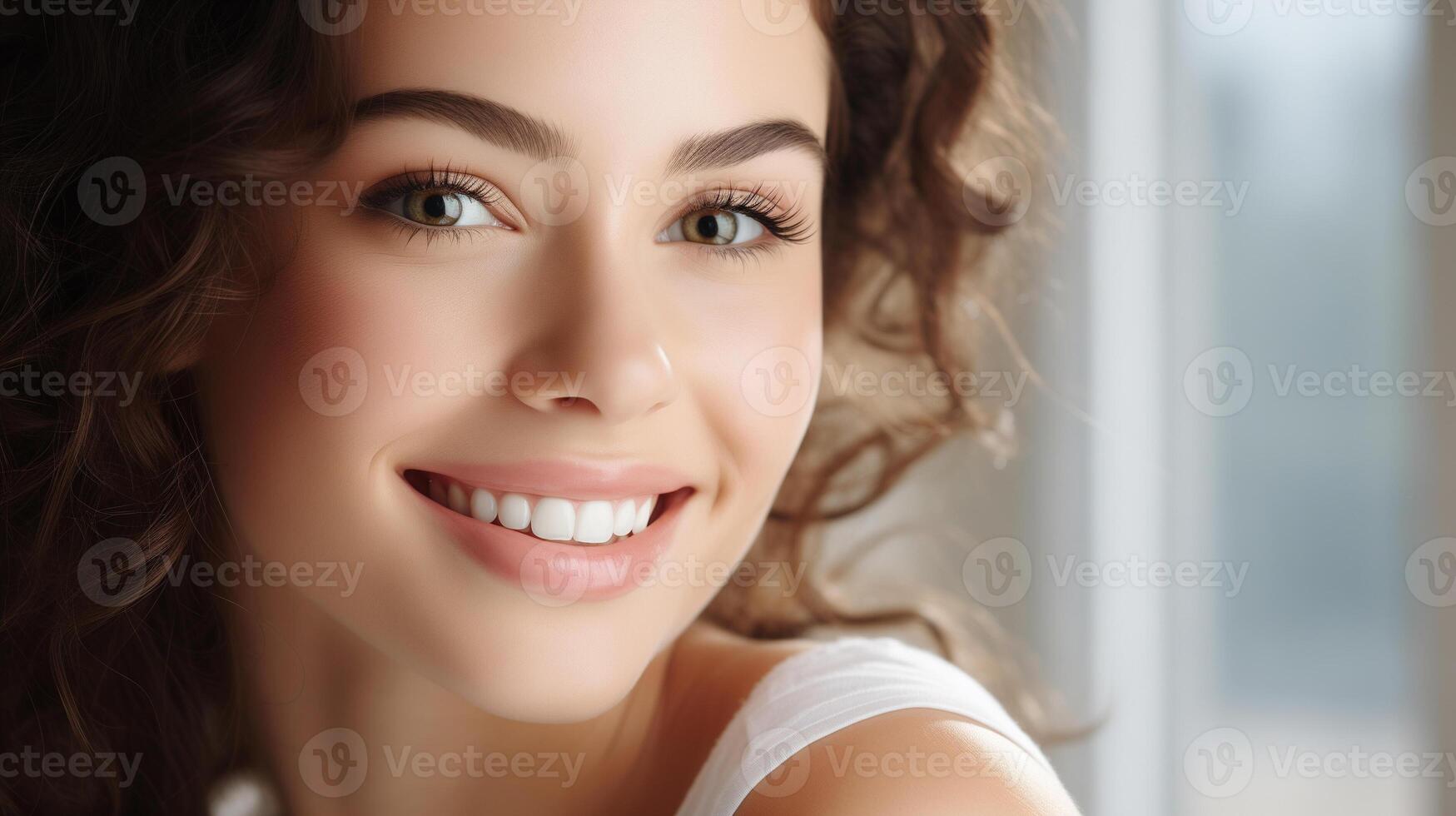 ai generiert strahlend jung Frau mit lockig Haar, strahlend lächeln, lichtdurchflutet Hintergrund. foto
