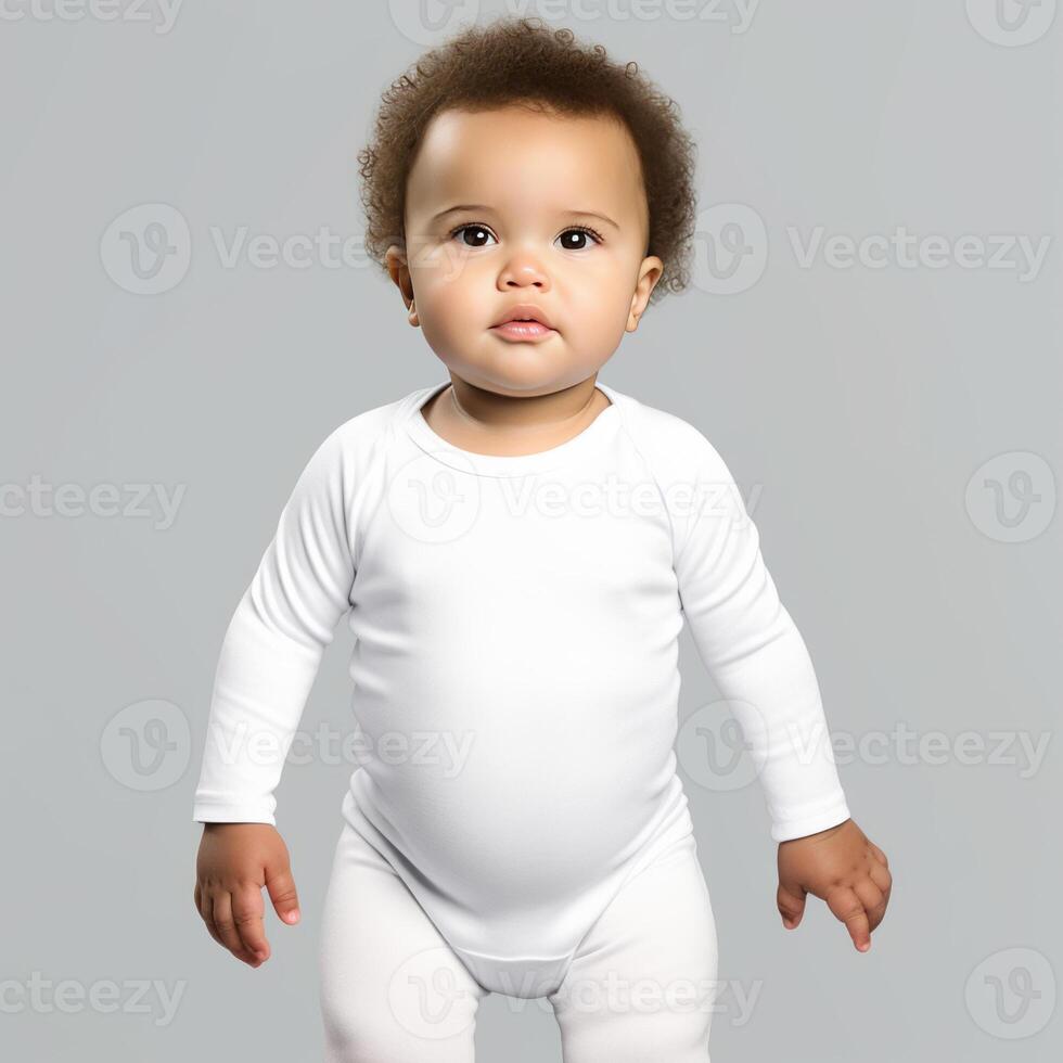 ai generiert Baby Junge Modellieren Weiß Bodysuit im hohe Qualität Attrappe, Lehrmodell, Simulation foto