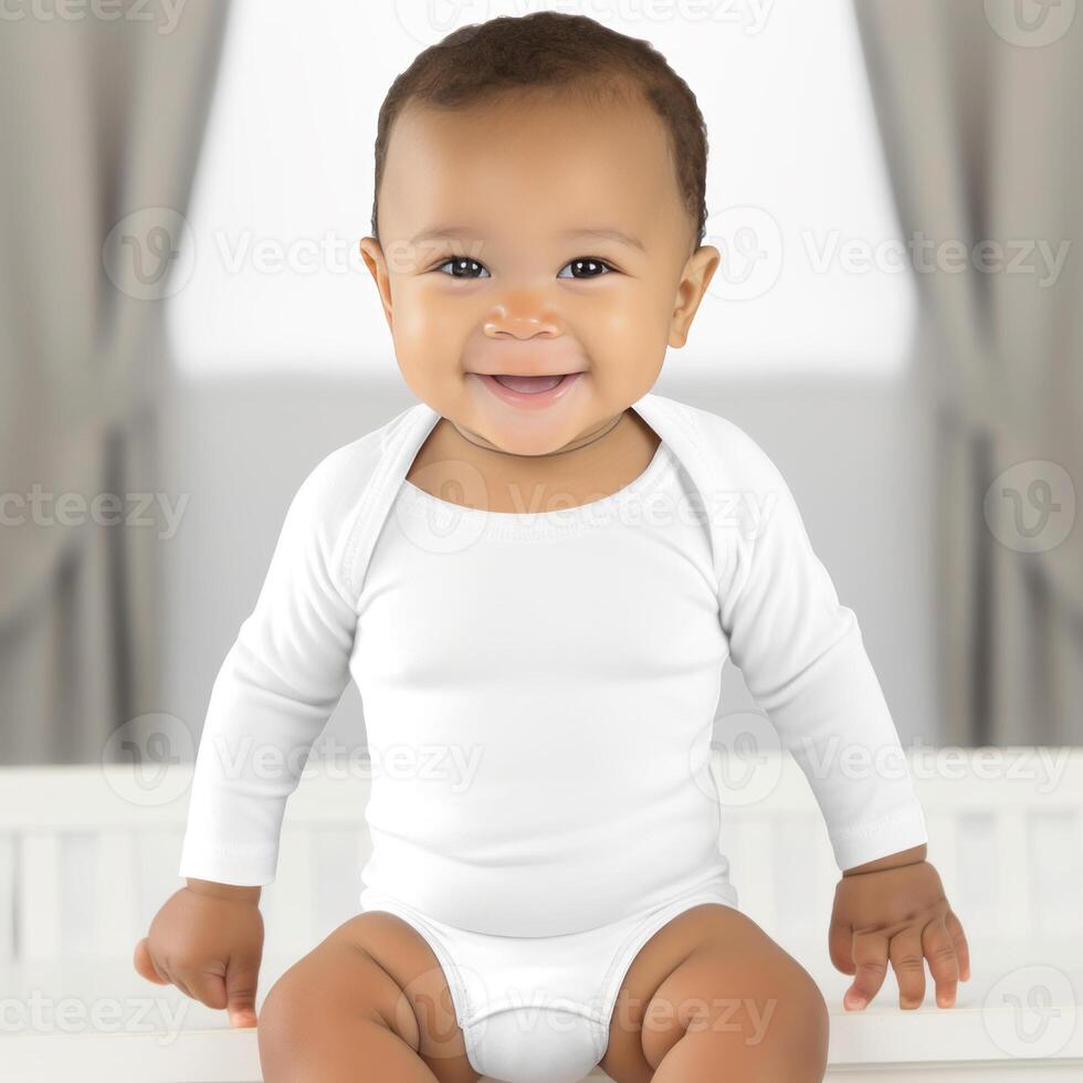 ai generiert realistisch Weiß Baby Bodysuit Attrappe, Lehrmodell, Simulation mit heiter Baby Junge foto