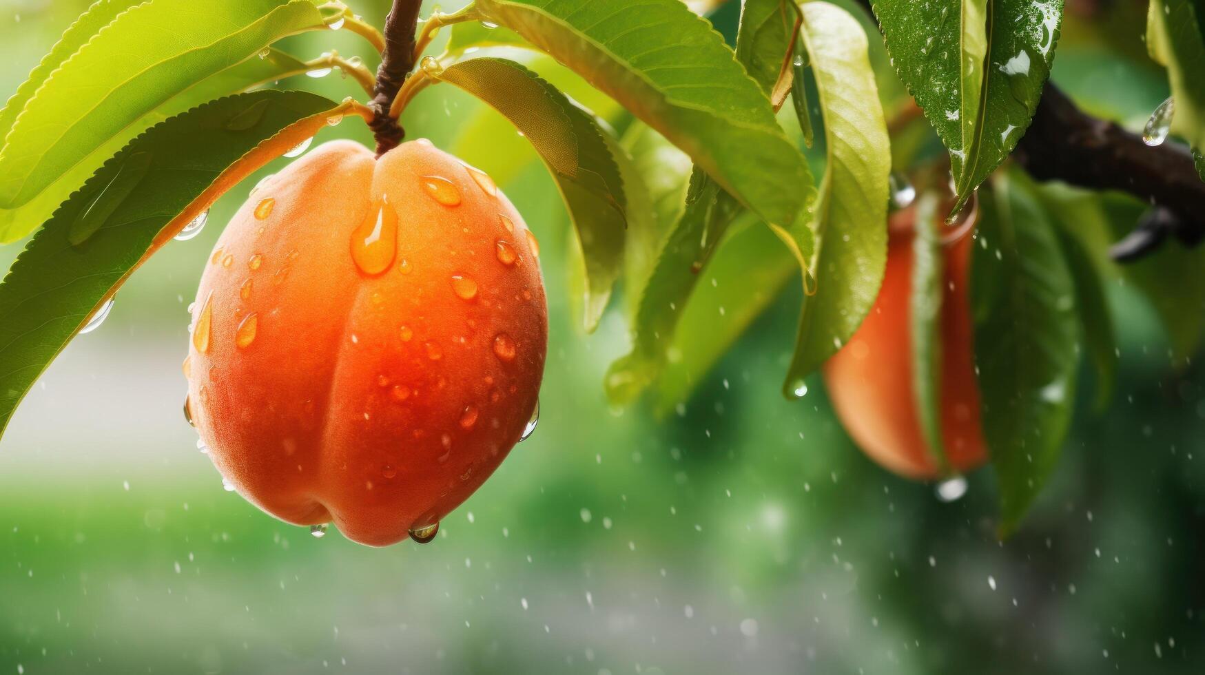 ai generiert ein reif Pfirsich hängend auf ein Ast mit Regenwasser foto
