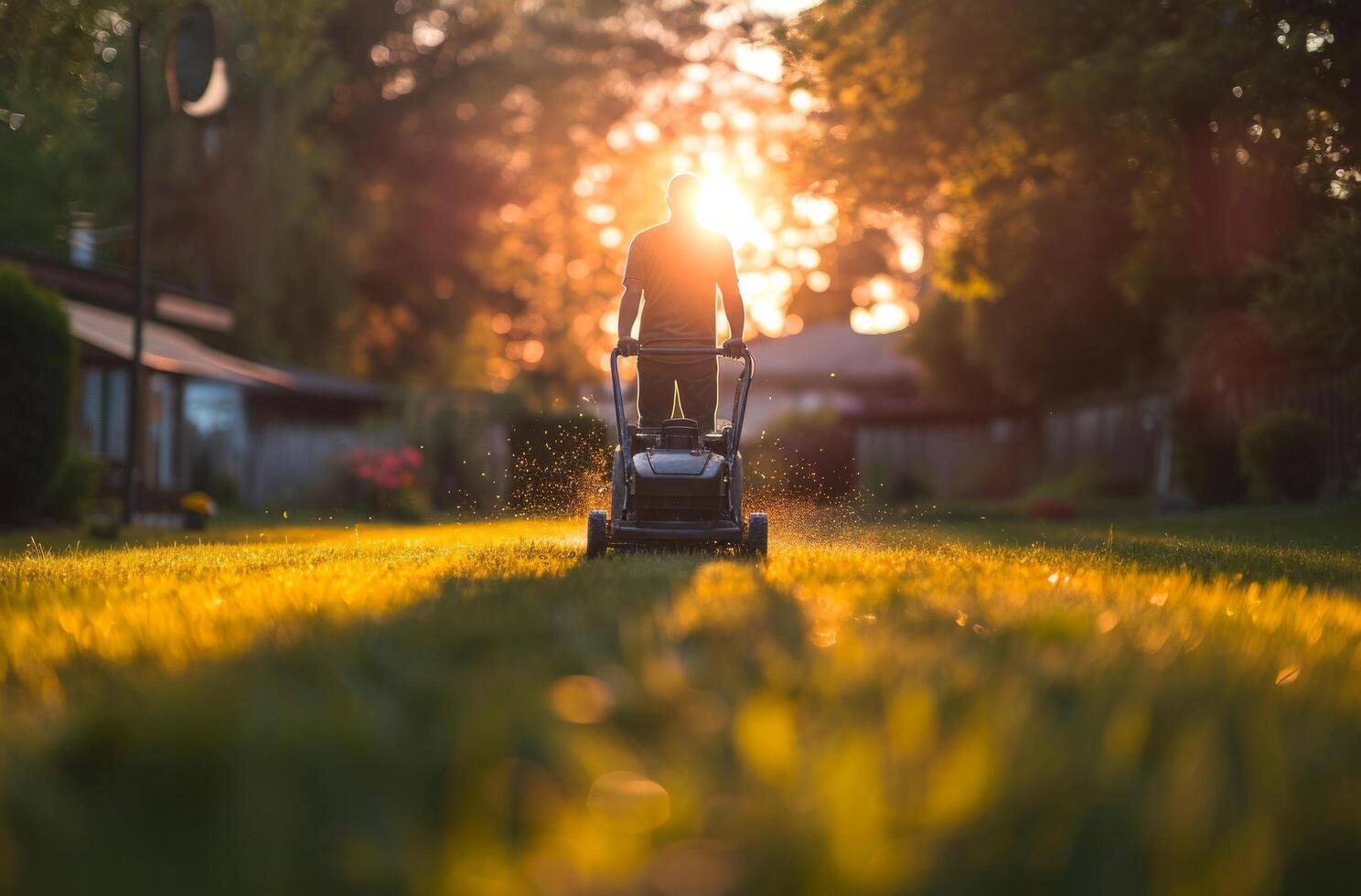 ai generiert Mann Gras mit ein Rasen Mäher im das Abend Licht foto