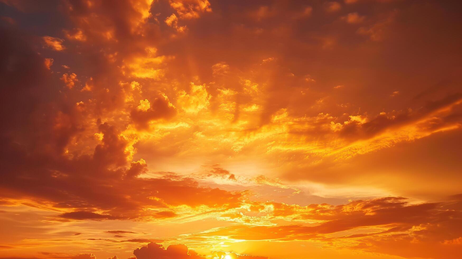 ai generiert das Himmel in Flammen mit warm Farbtöne wie das Sonne setzt, Gießen ein magisch Sommer- glühen foto