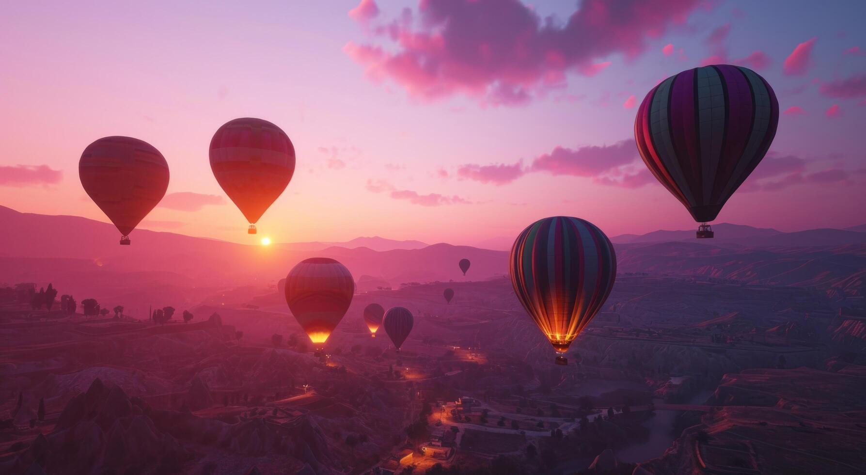 ai generiert heiß Luft Luftballons fliegend über hoch Hügel, Plateau, Sonnenaufgang Ballon foto