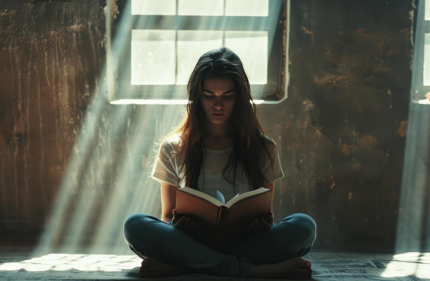 ai generiert Dame Sitzung beim Laptop Sitzung im Vorderseite von ein Öffnung Buch foto