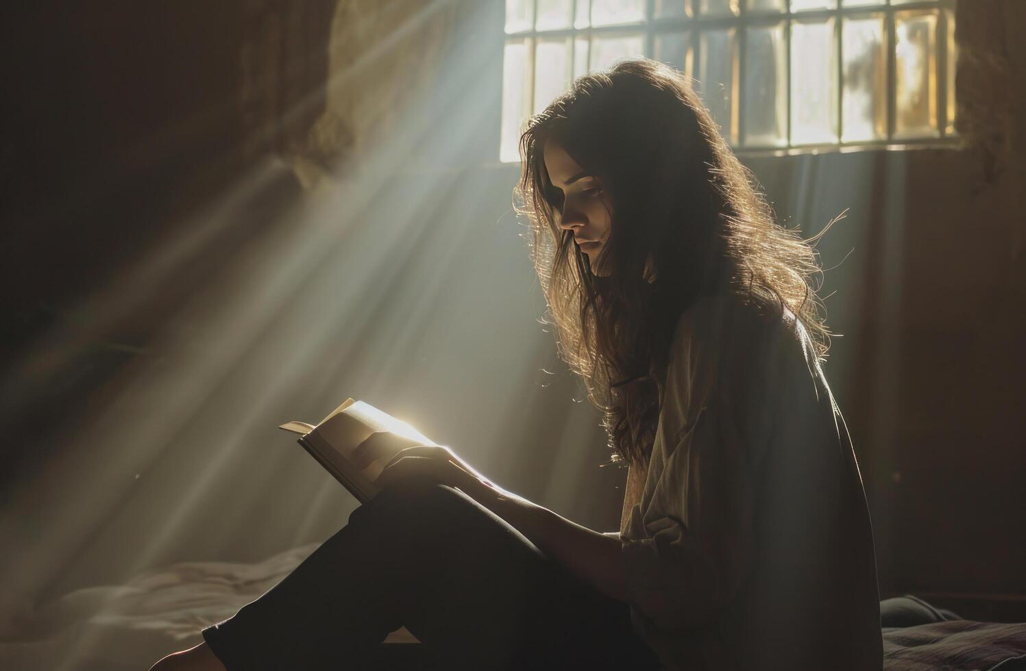 ai generiert Dame Sitzung beim Laptop Sitzung im Vorderseite von ein Öffnung Buch foto