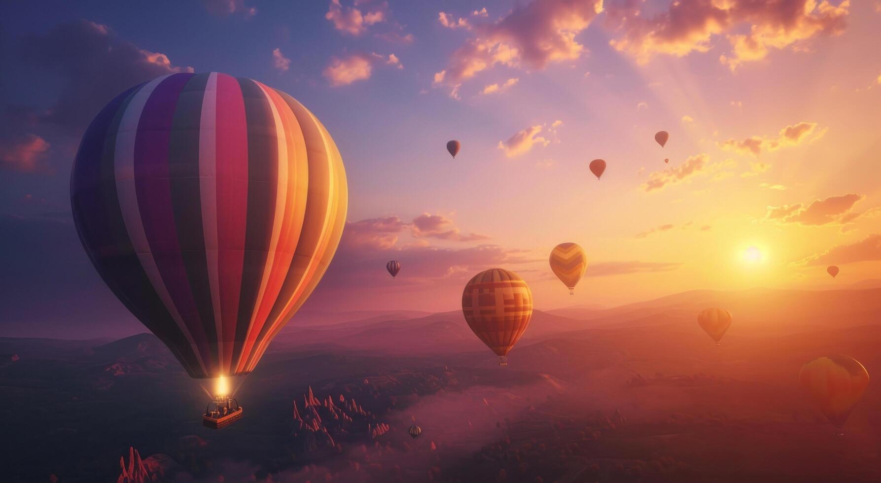 ai generiert heiß Luft Luftballons fliegend über hoch Hügel, Plateau, Sonnenaufgang Ballon foto