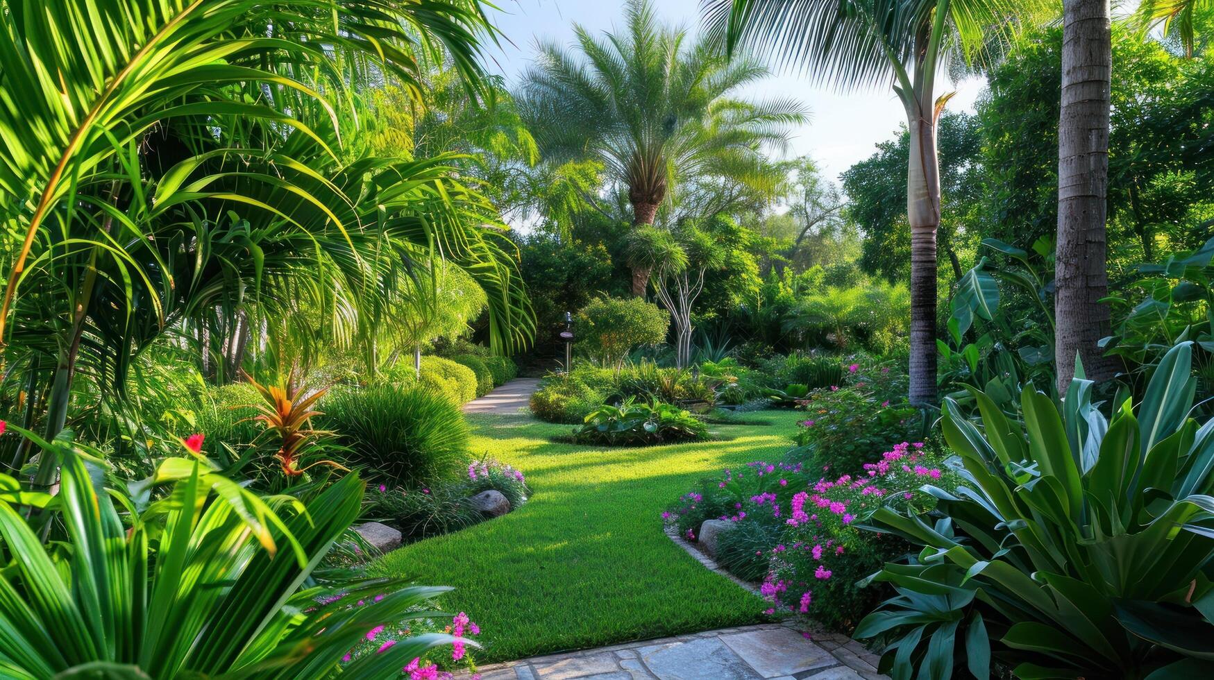 ai generiert beschwingt Grün, exotisch Blumen, und Palme Bäume erstellen ein paradiesisch Sommer- Oase foto