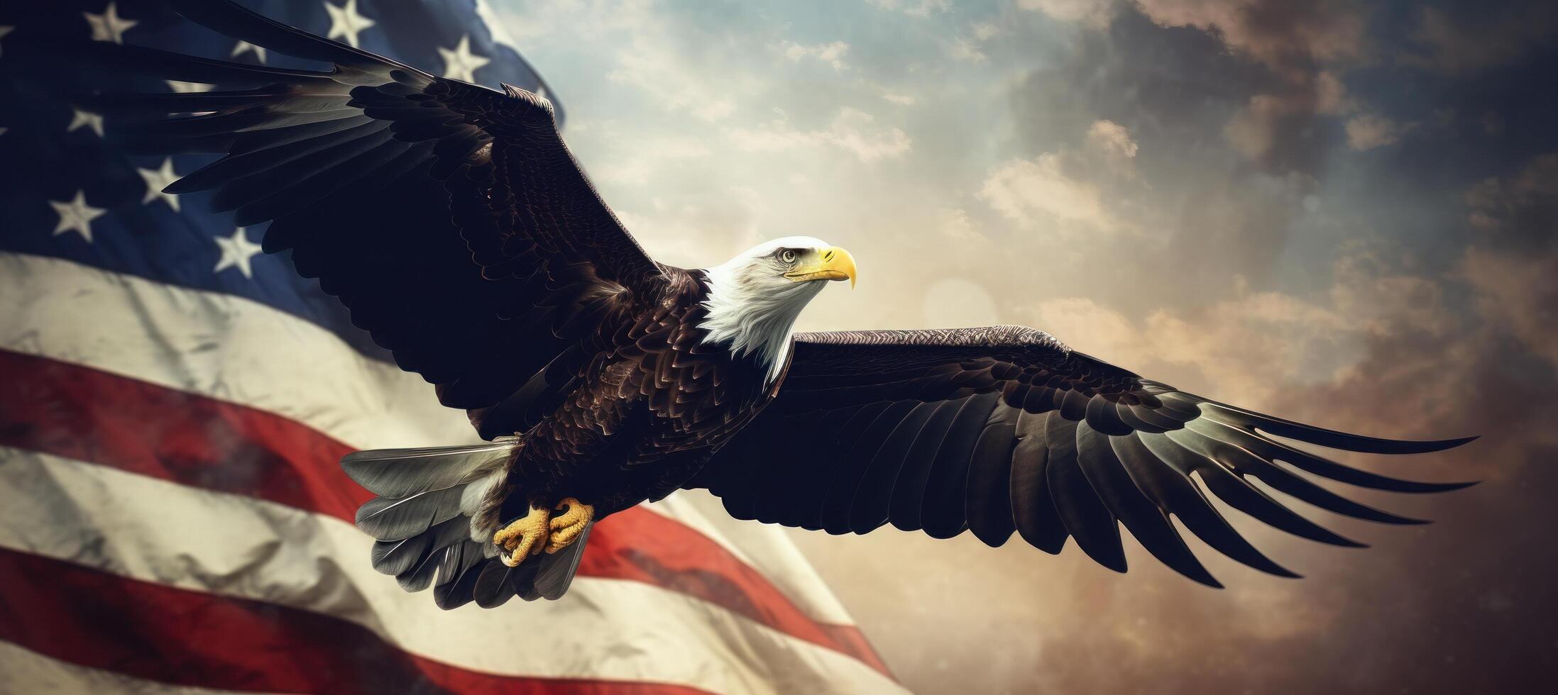 ai generiert bbc Raubvogel fliegend Über amerikanisch Flagge Hintergrund foto