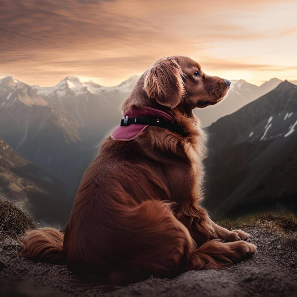 ai generiert ein Hund Sitzung suchen beim das Berge foto