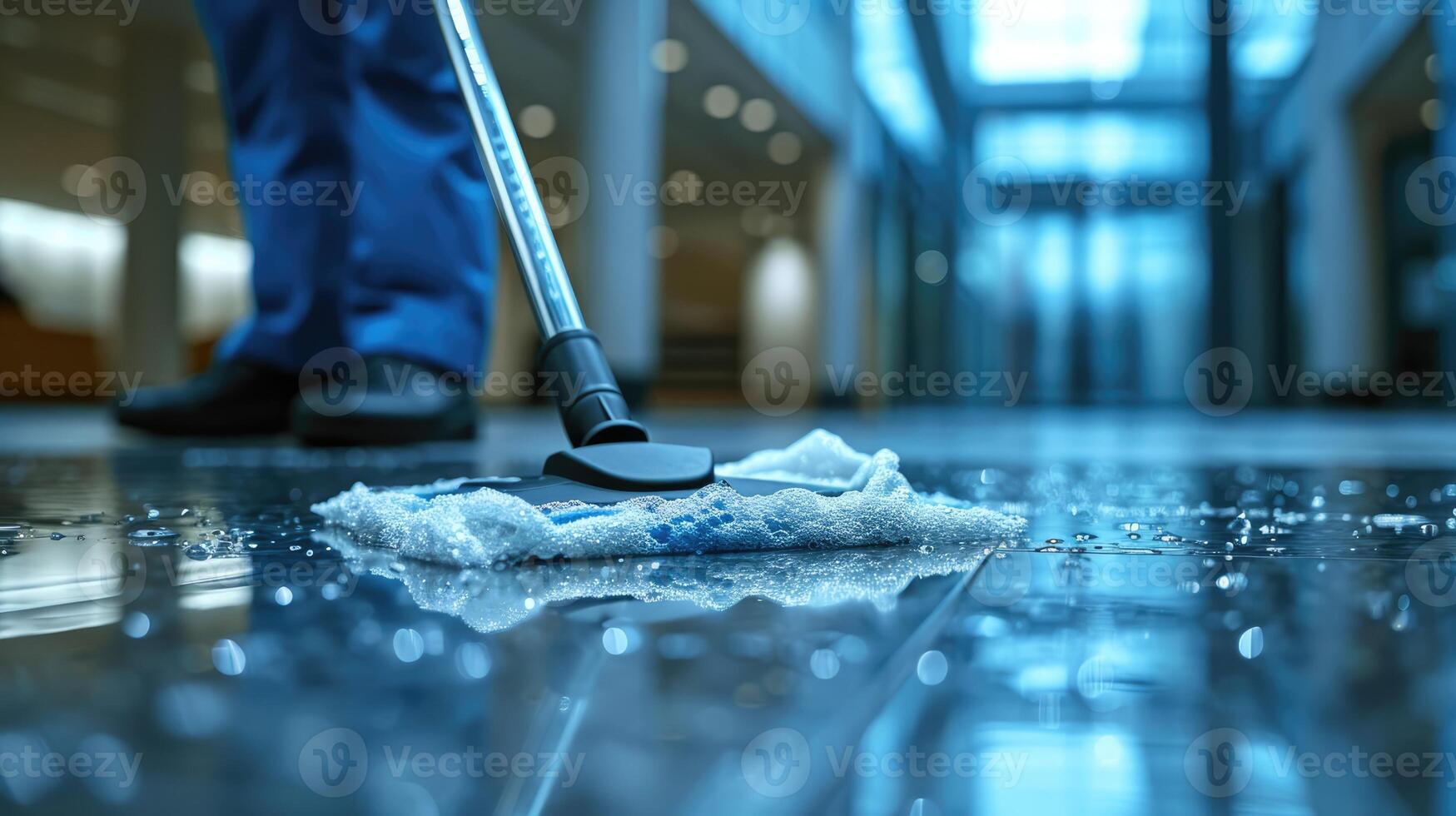 ai generiert generativ ai, Hauswirtschaft, Reinigung, Person mit ein Mopp zu sauber das Boden. Büro oder inländisch Arbeiter, Reiniger und Hausfrau foto