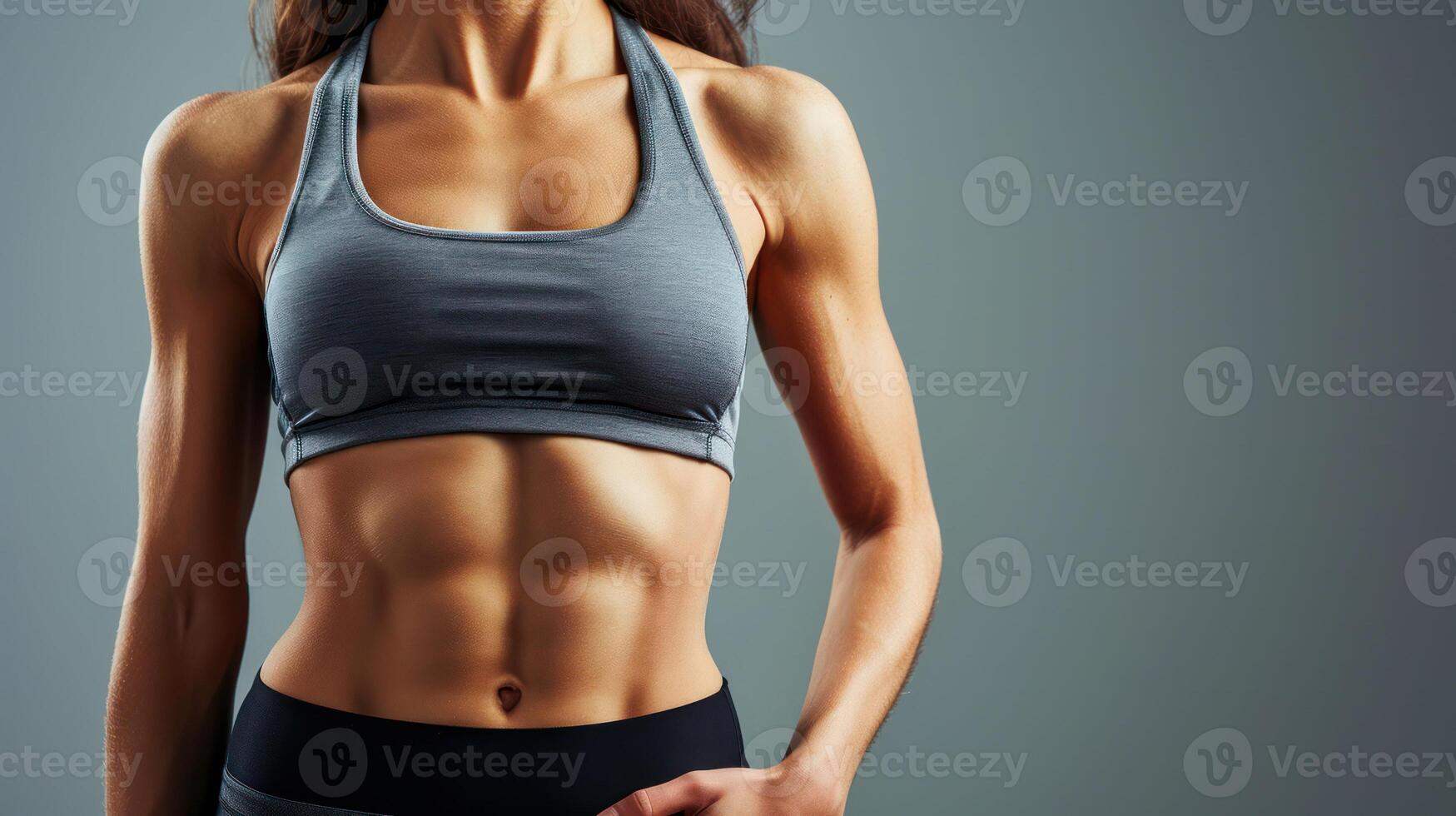 ai generiert generativ ai, sportlich Frau mit großartig Bauch Muskeln zeigt an Bauch im Sportbekleidung auf neutral Hintergrund foto