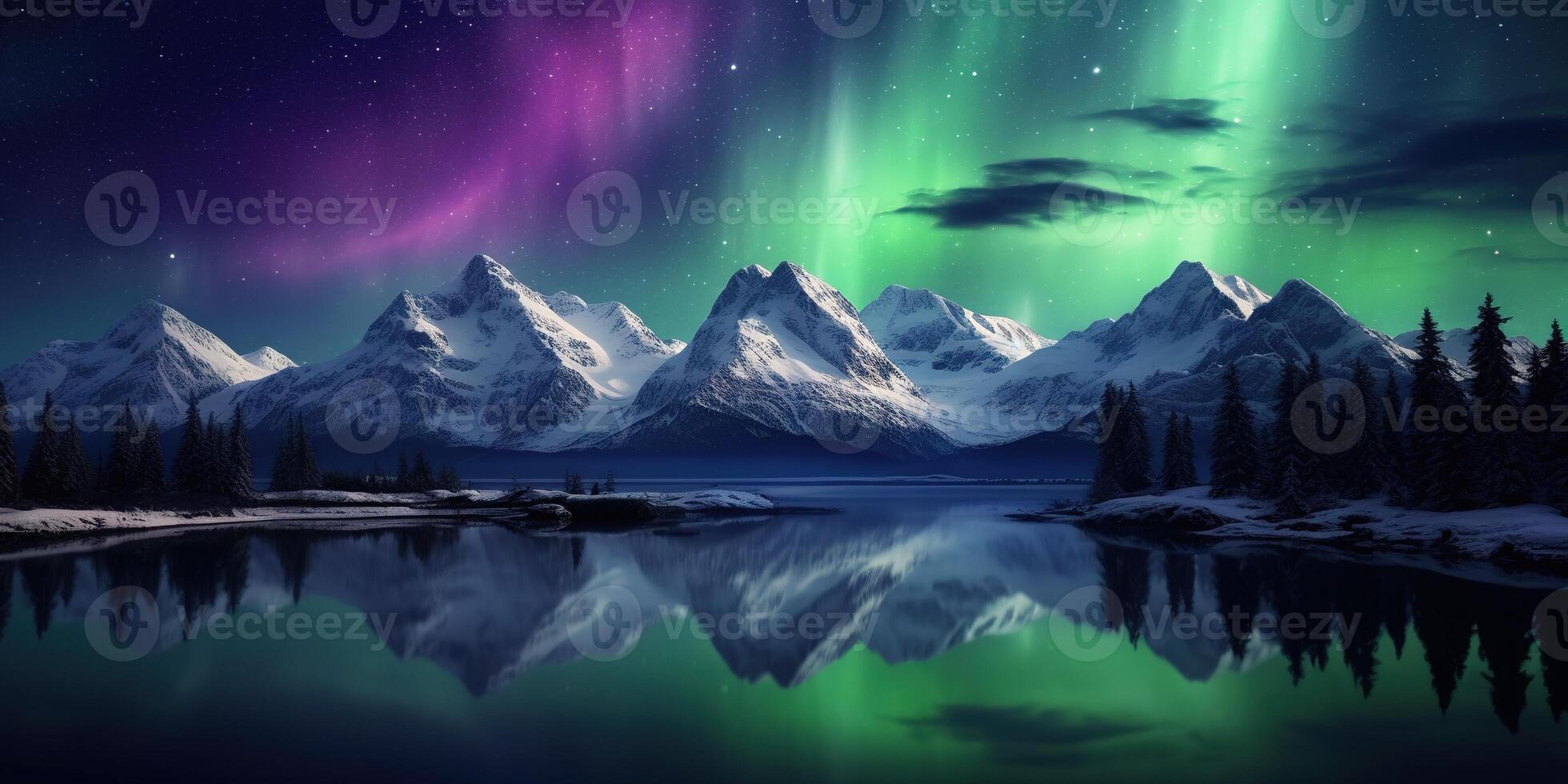 ai generiert generativ ai, Grün und Rosa Nord Beleuchtung über schneebedeckt Berge, Winter Landschaft, Aurora und Betrachtung auf das Wasser Oberfläche foto