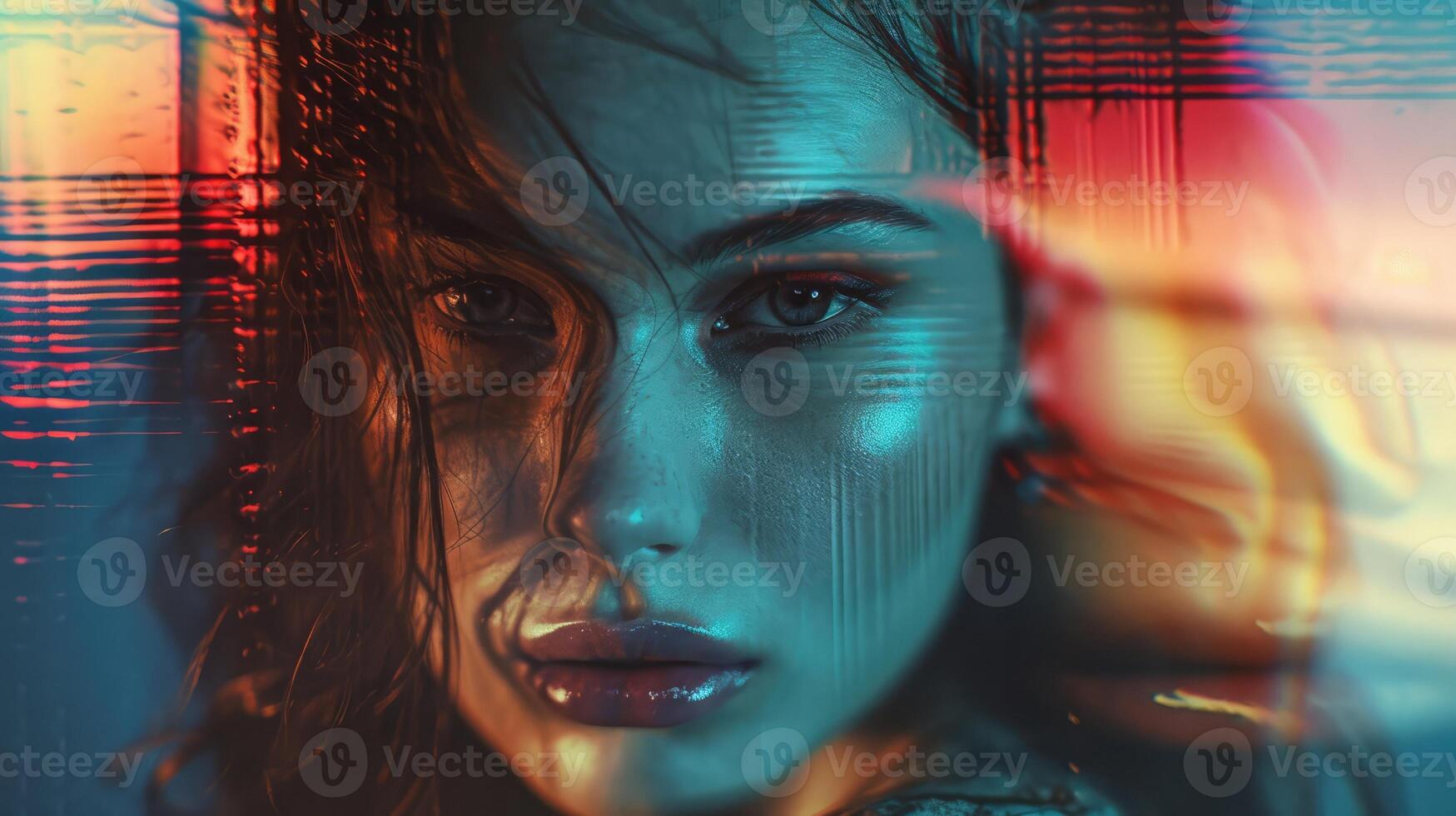 ai generiert generativ ai, Modell- Frau Porträt im Cyberpunk Stil, Foto mit beschädigt körnig Textur