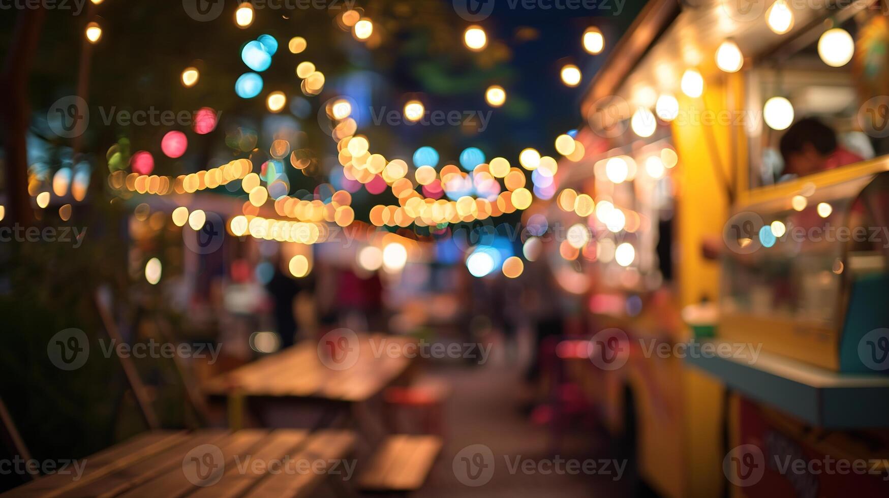 ai generiert generativ ai, Essen LKW Straße Festival, verschwommen Beleuchtung Hintergrund, atmosphärisch Bokeh, stumm geschaltet Farben foto