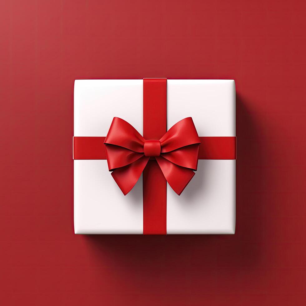 ai generiert Weiß Geschenk Box eingewickelt im rot Band und Bogen, rot Hintergrund, oben Aussicht foto