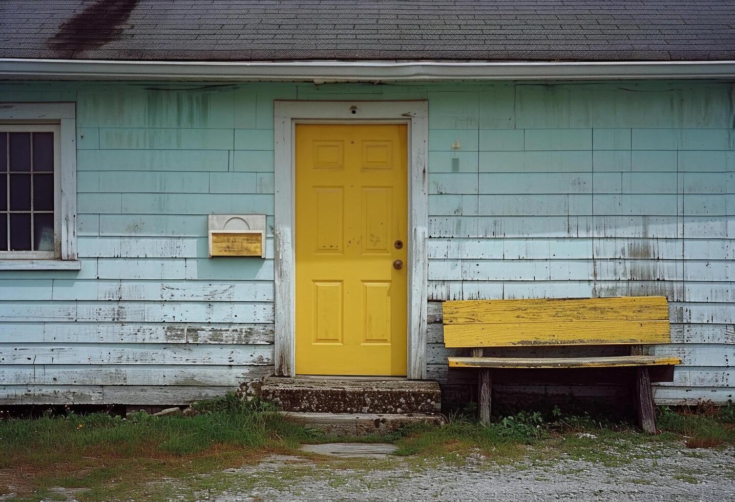 ai generiert ein Gelb Tür Nächster zu ein Weiß hölzern Haus im Kai foto
