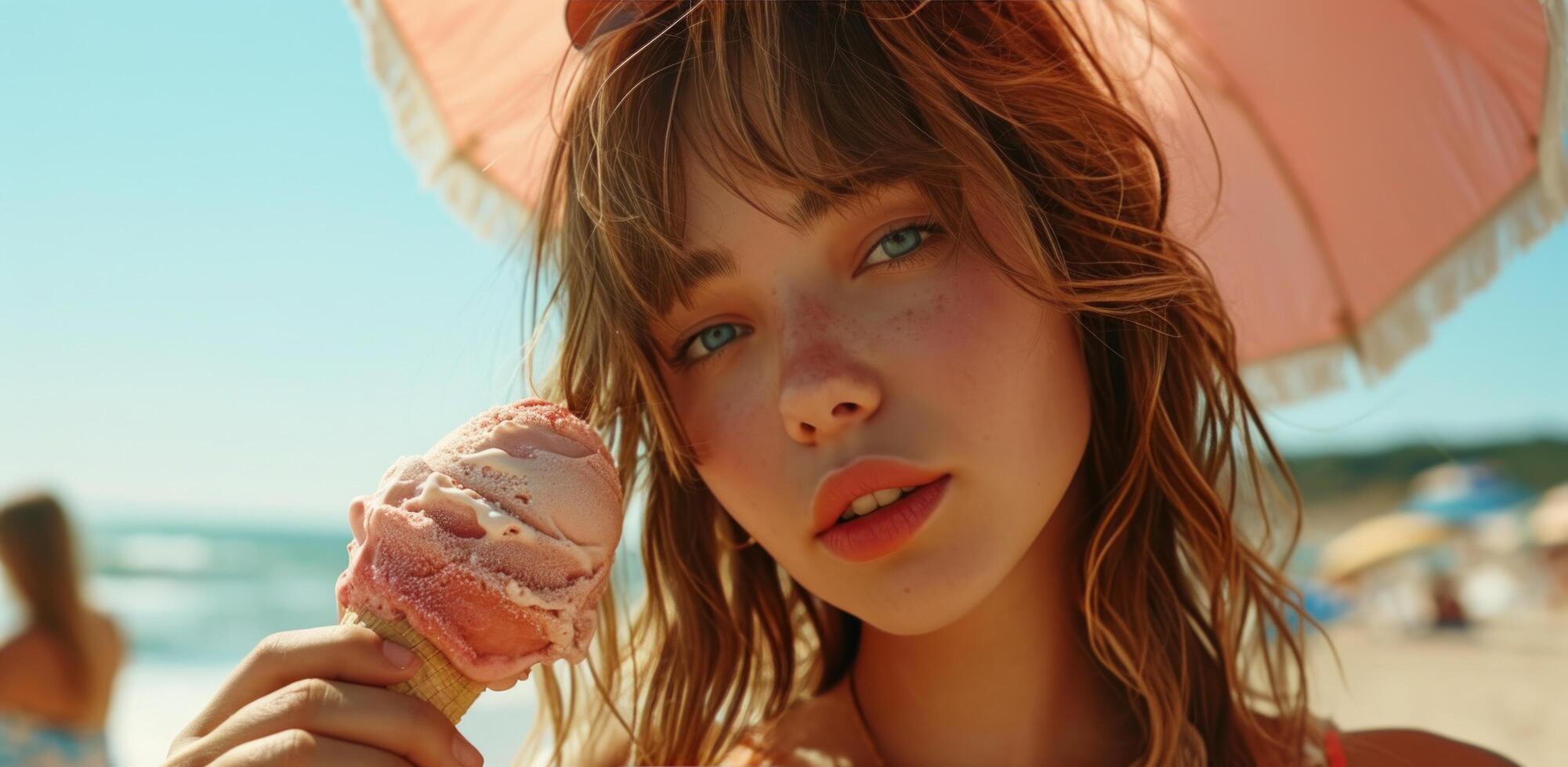ai generiert ein Mädchen halten ein Eis Sahne beim ein Strand auf ihr Kopf foto