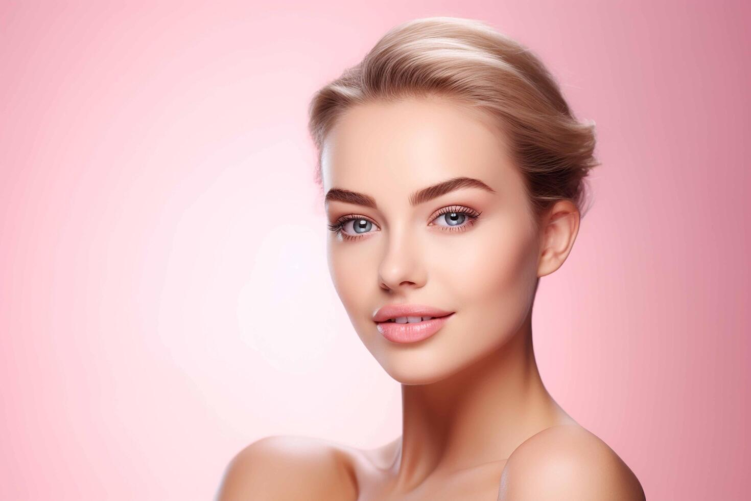 ai generiert schön Gesicht von jung Frau mit perfekt Gesundheit Haut, Spa Konzept, Rosa Hintergrund foto