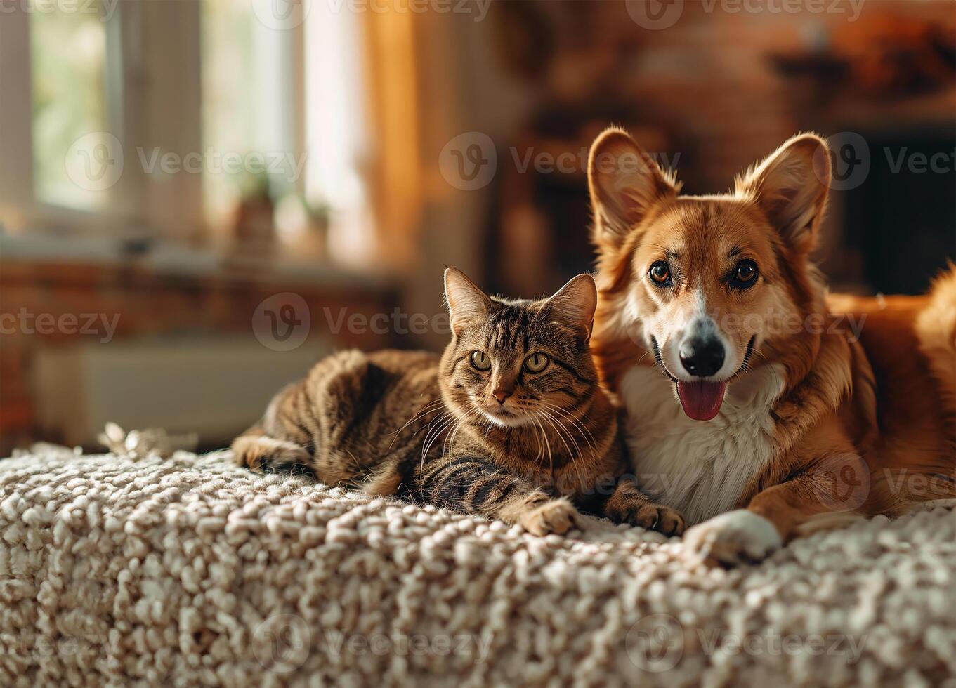 ai generiert ein Hund und Katze froh Bindung foto