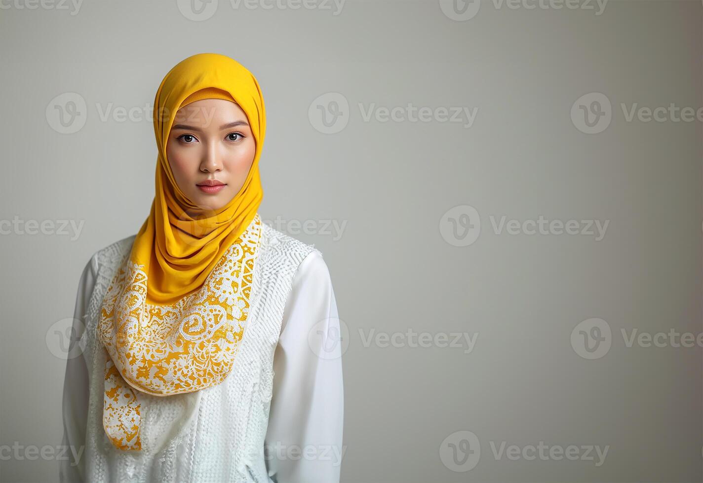 ai generiert asiatisch Modell- im Weiß Kebaya und Gelb Hijab foto