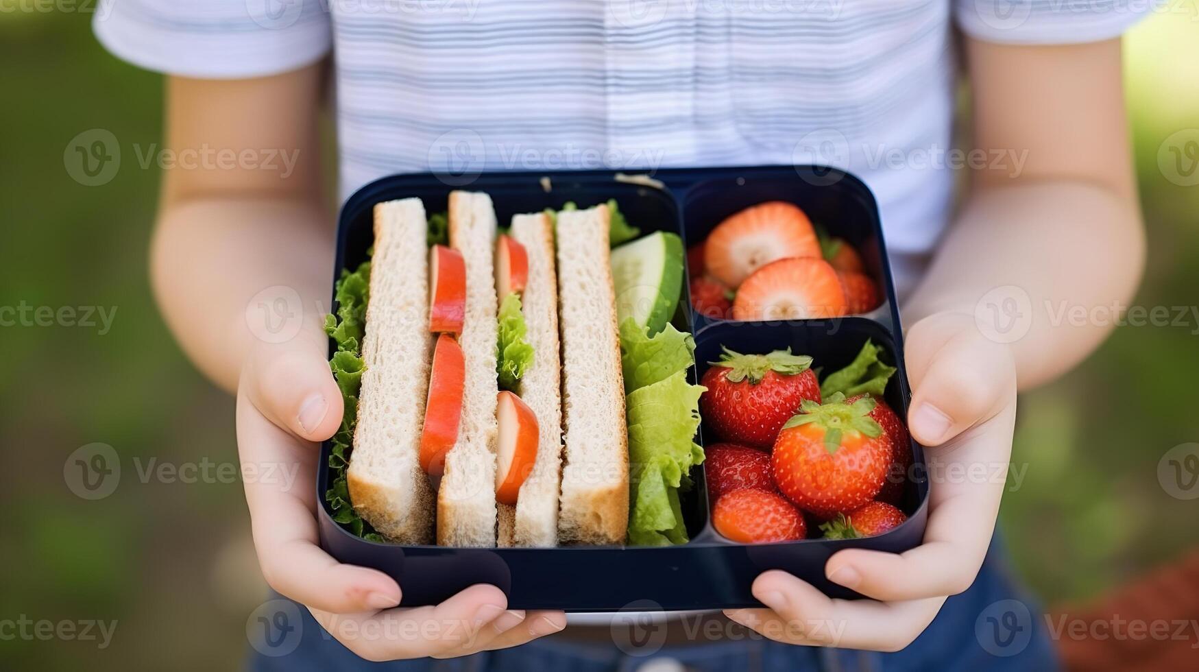 ai generiert Nahansicht von Kind Hände halten ein Sandwich mit frisch Gemüse und Früchte. foto