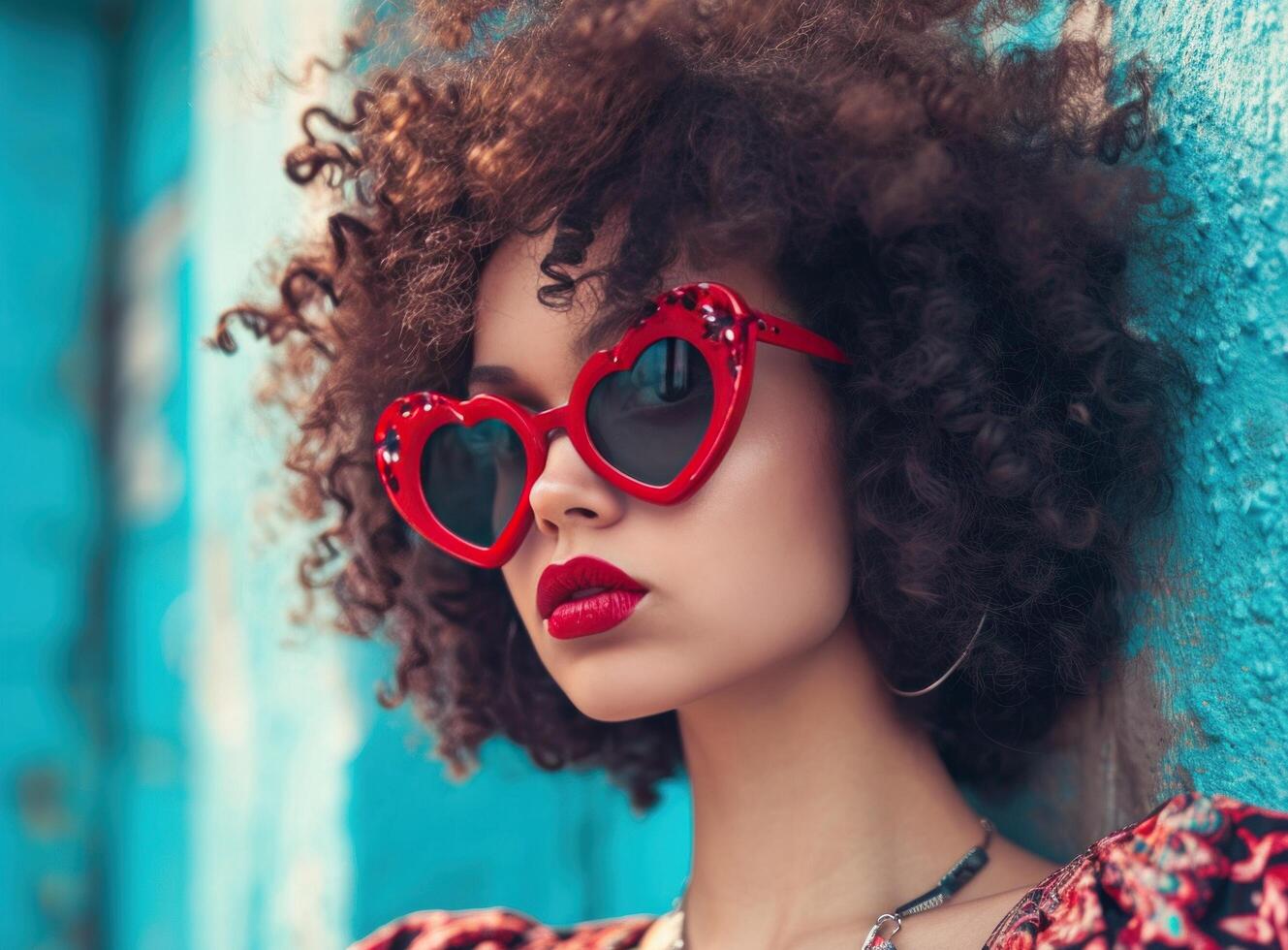 ai generiert ein lockig behaart Frau mit ein süß rot Herz geformt Sonnenbrille foto