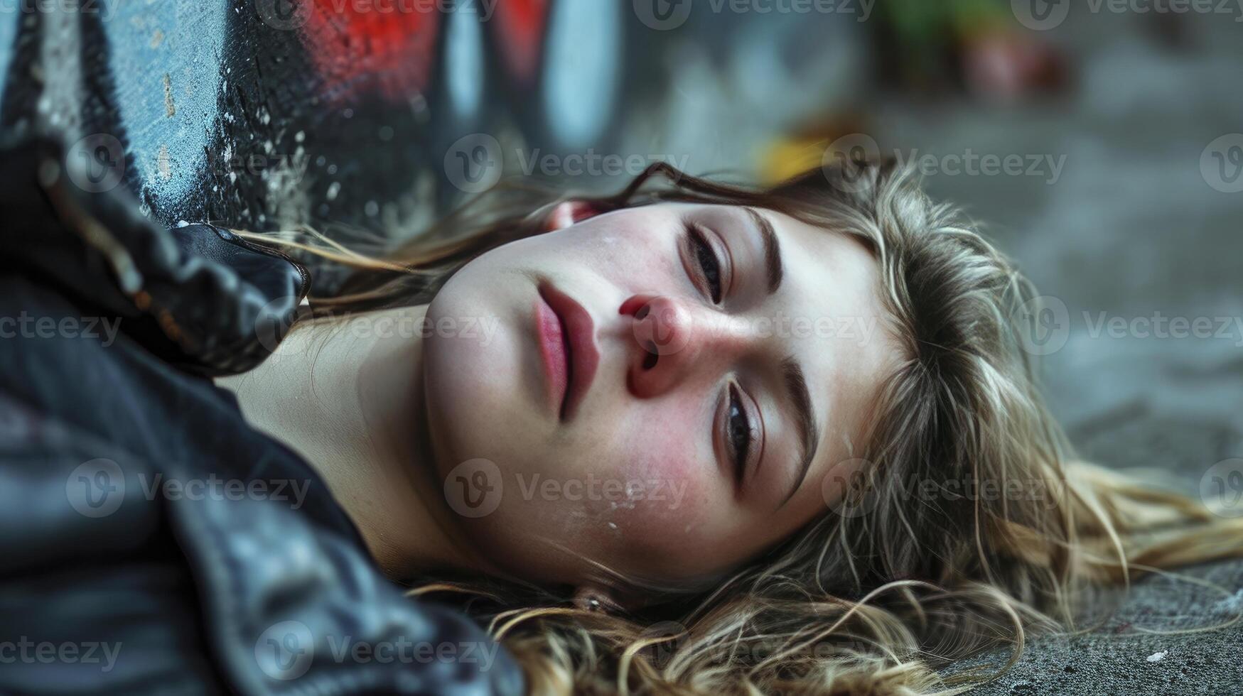 ai generiert jung Mädchen süchtig zu Opiate Lügen auf das Straße - - modern Fentanyl Epidemie Konzept foto