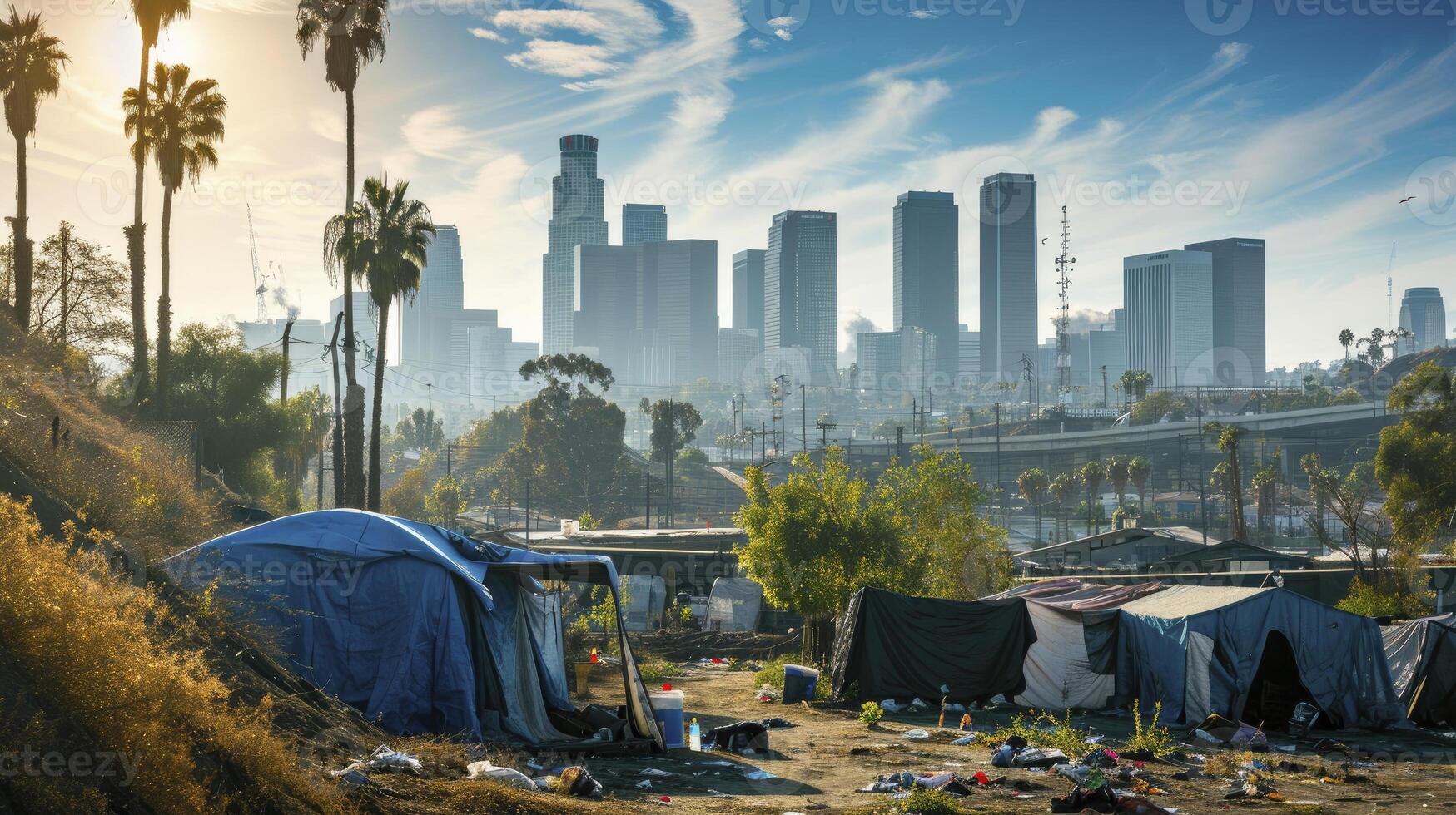 ai generiert Flüchtling Lager Schutz zum obdachlos im Vorderseite von los Engel Stadt Horizont foto