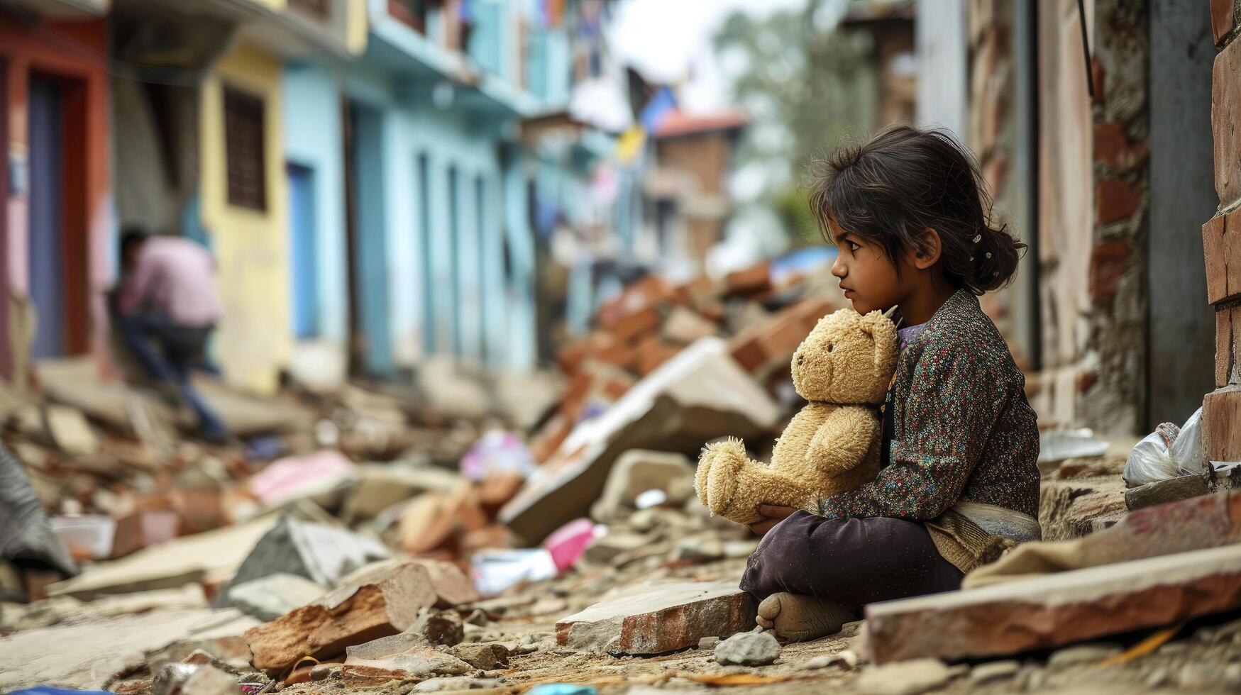 ai generiert unkenntlich Kind betroffen durch Krieg, Kind mit Teddy Bär allein im das Mitte von Erdbeben oder Bombe Explosion Zerstörung, traurig wenig Junge im zerstört Stadt mit ein Spielzeug foto