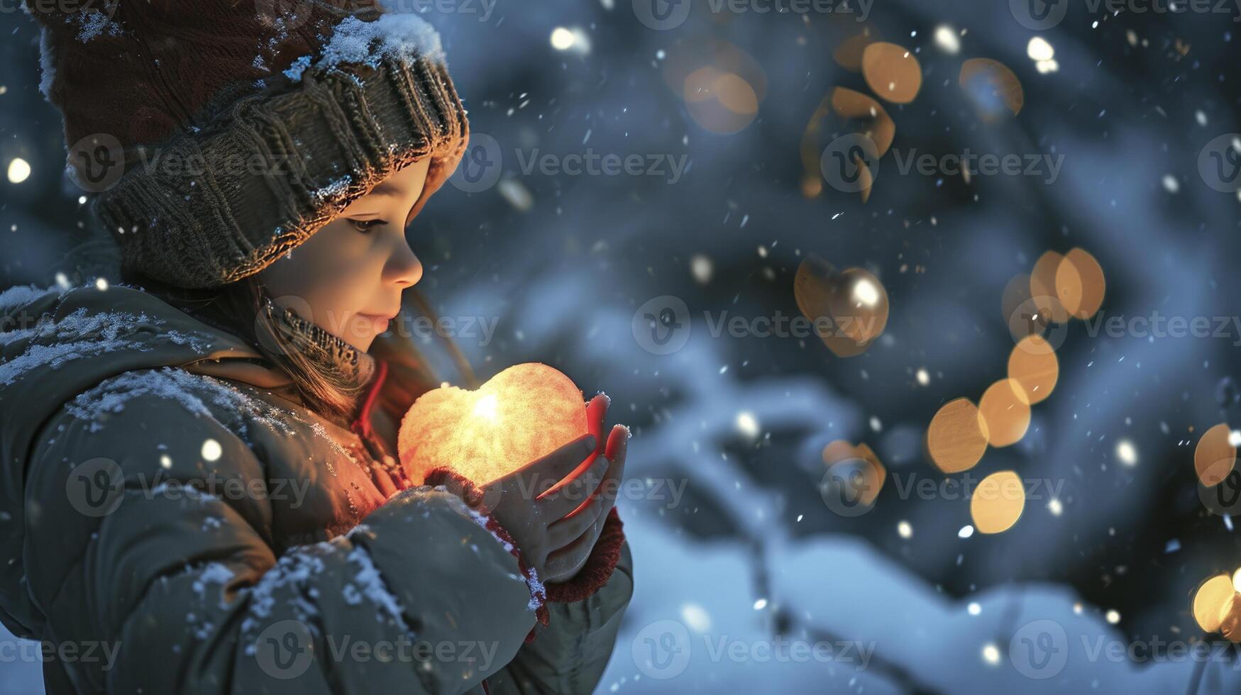 ai generiert ein Kind halten ein glühend Herz im ein schneebedeckt Nacht. Konzept von Freundlichkeit und Hilfe foto