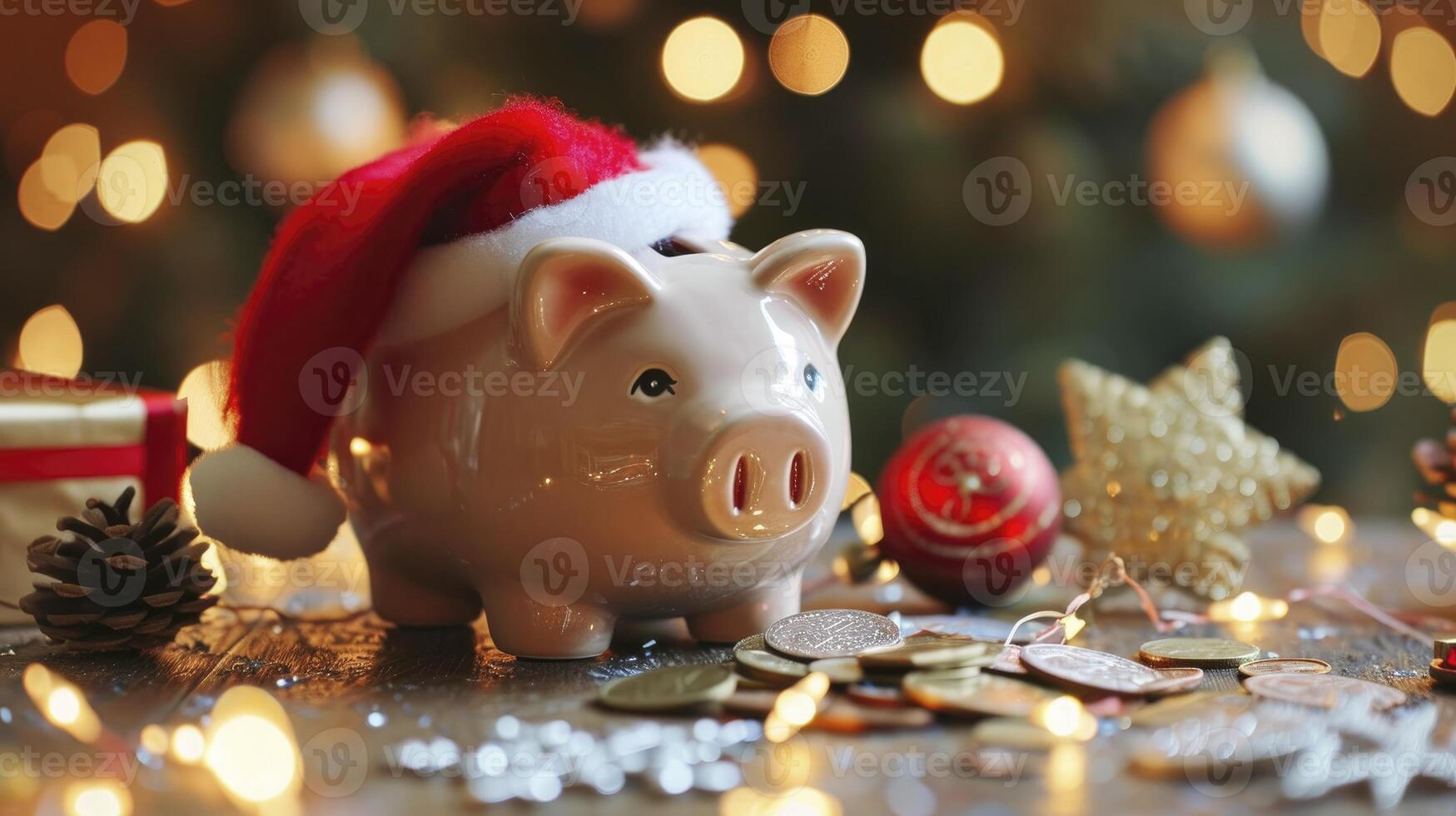 ai generiert festlich Schweinchen Bank mit Santa Hut und Geschenk Münzen Feier foto