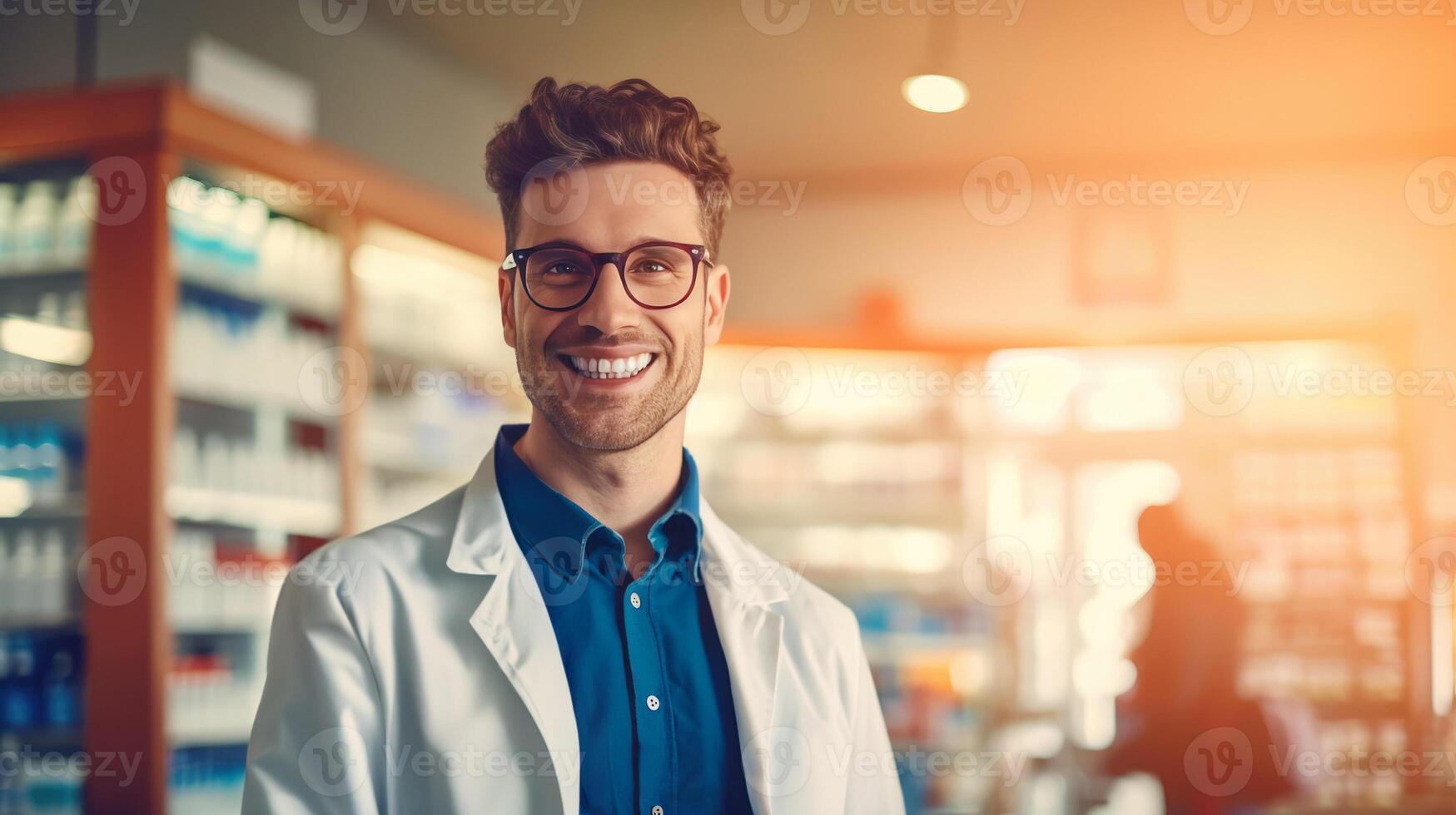 ai generiert höflich lächelnd männlich Apotheker im Weiß Mantel hilft Kunden im Apotheke Bereitstellung Rat foto