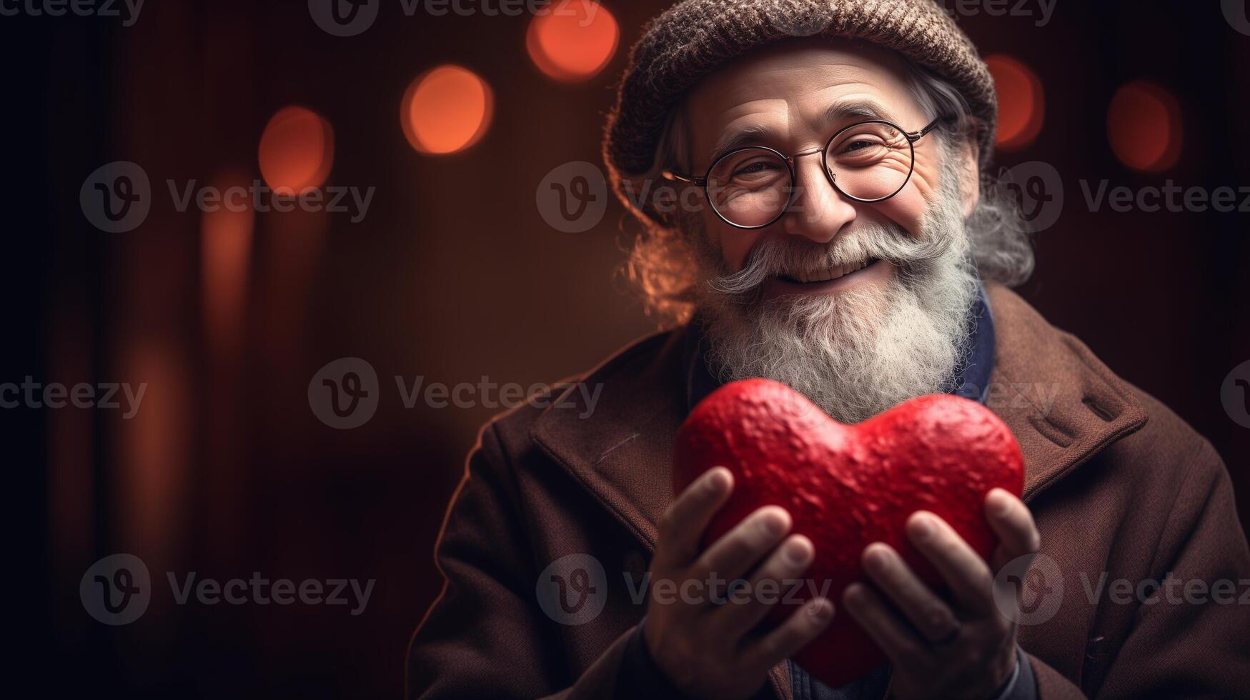 ai generiert alt Mann halten Herz Symbol Valentinstag Tag Geschenk. Liebe und romantisch Emotion Konzept. foto