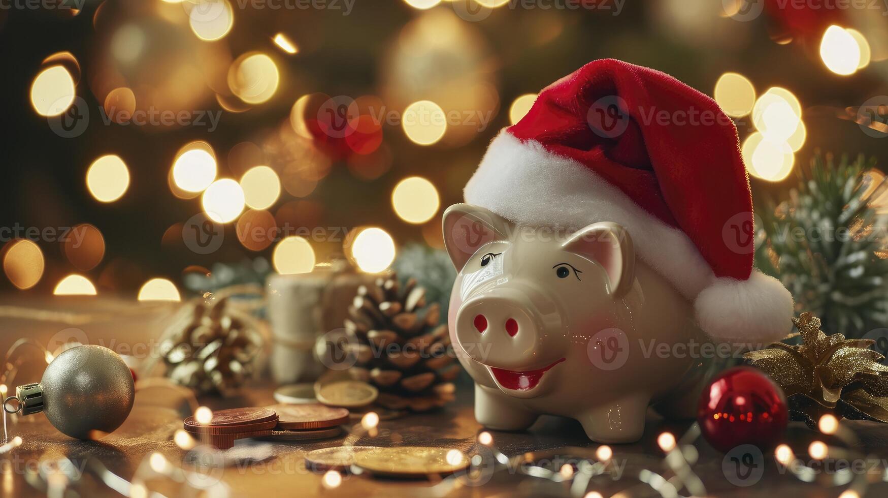 ai generiert festlich Schweinchen Bank mit Santa Hut und Geschenk Münzen Feier foto