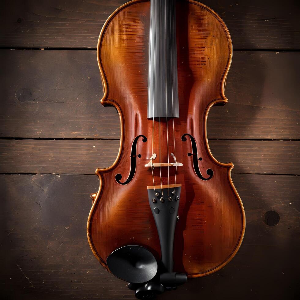 ai generiert ein alt Violine auf ein hölzern Tabelle foto