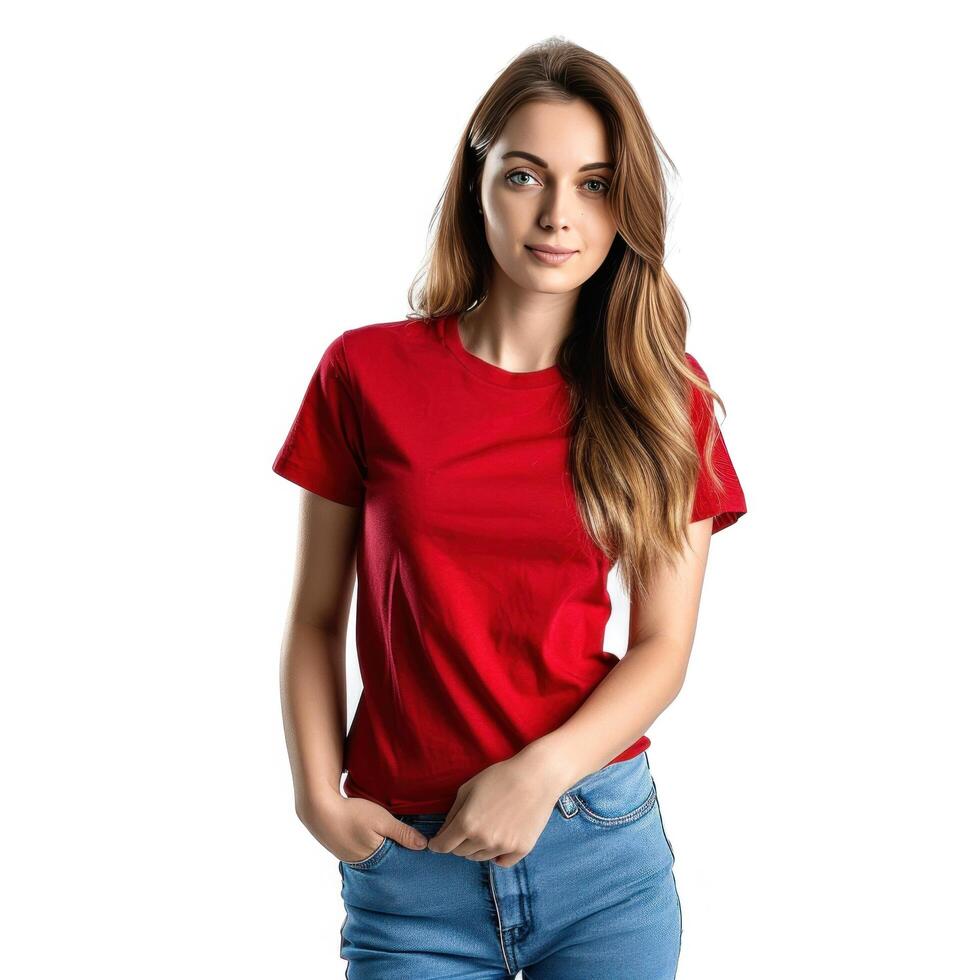 ai generiert Frau im modisch rot T-Shirt, Blau Jeans isoliert foto