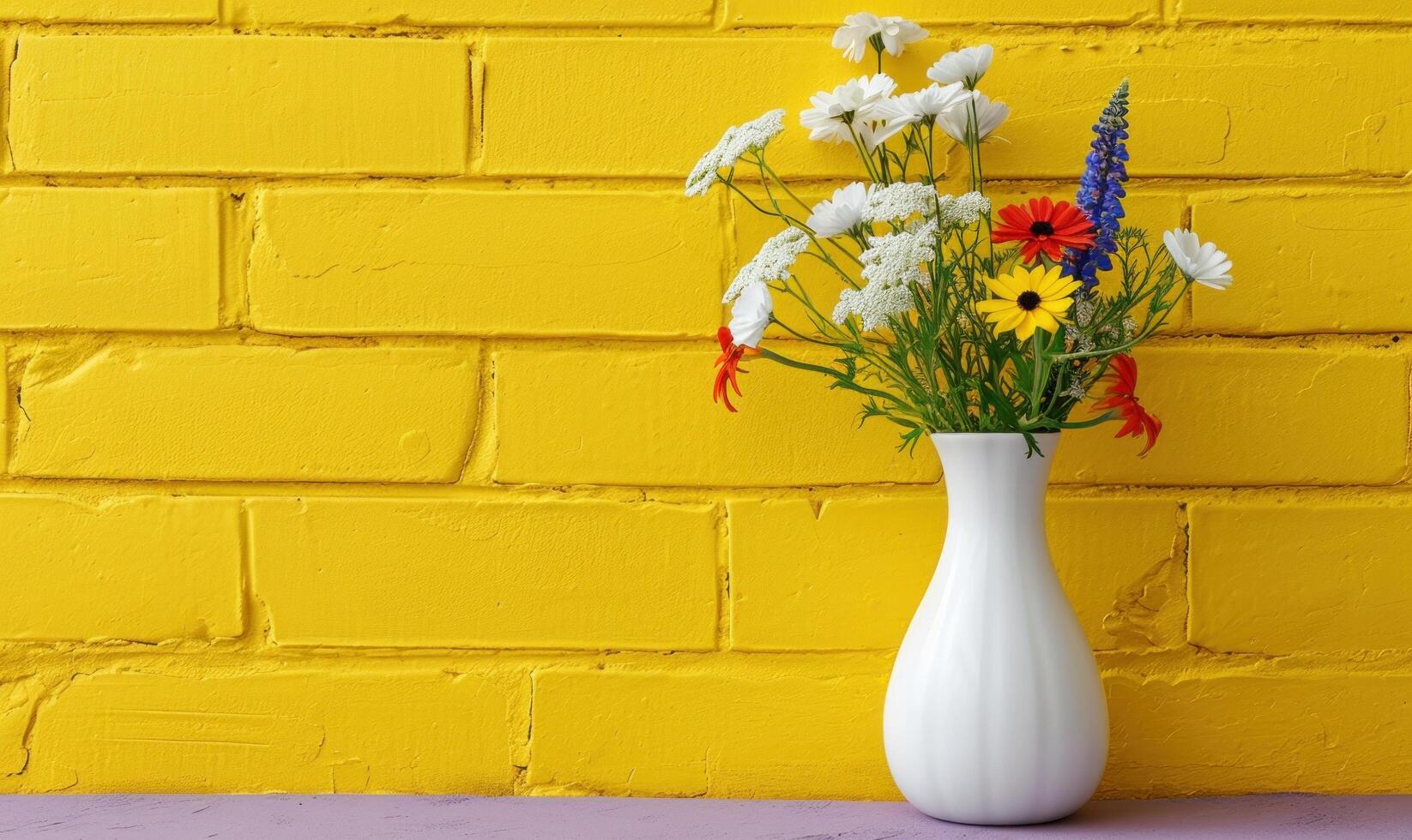 ai generiert ein Weiß Vase mit Blumen im Vorderseite von ein Gelb Backstein Mauer foto