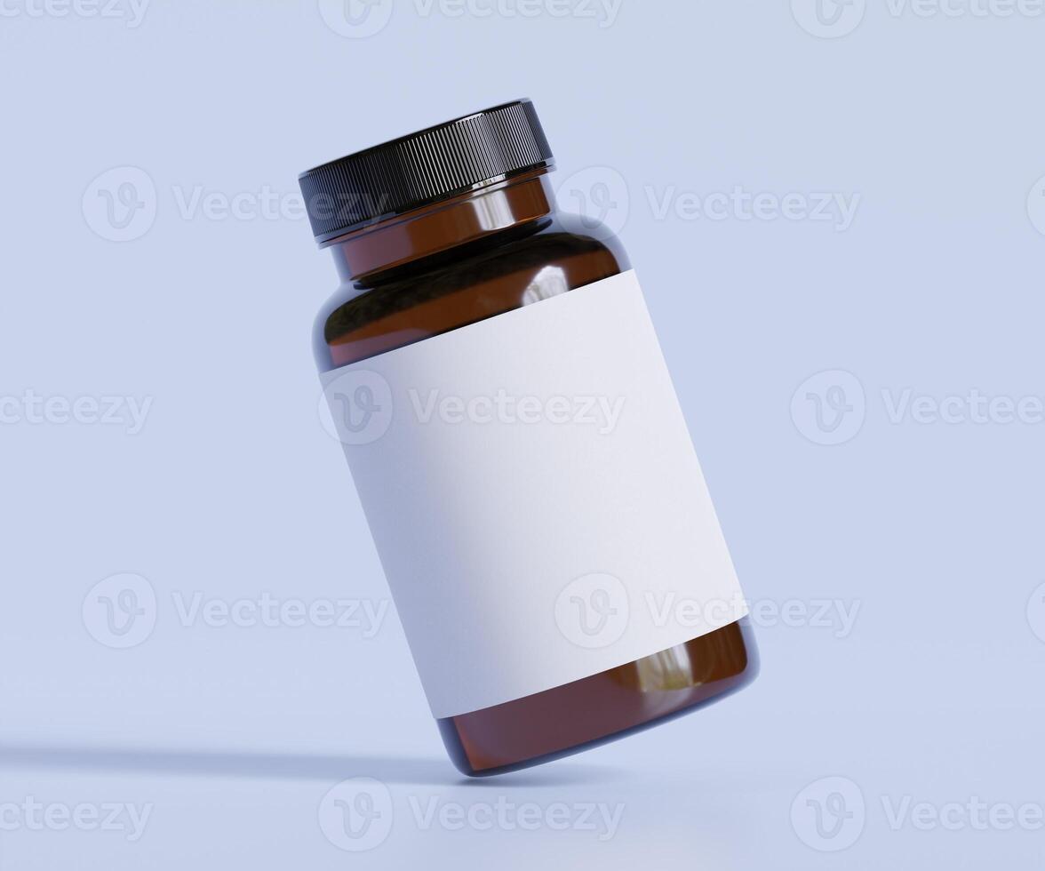 Flasche Tabletten Ergänzung Flasche spotten hoch. einer Flasche. leer Etikett. 3d Illustration. isoliert auf Hintergrund foto