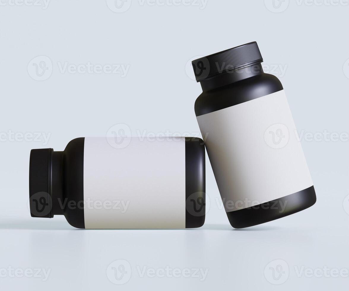 schwarz Pille Flasche Weiß Etikette zum Attrappe, Lehrmodell, Simulation Sammlung. Illustration 3d Wiedergabe, perfekt zum medizinisch, Kosmetik, Eiweiß, Apotheke Produkte und usw foto