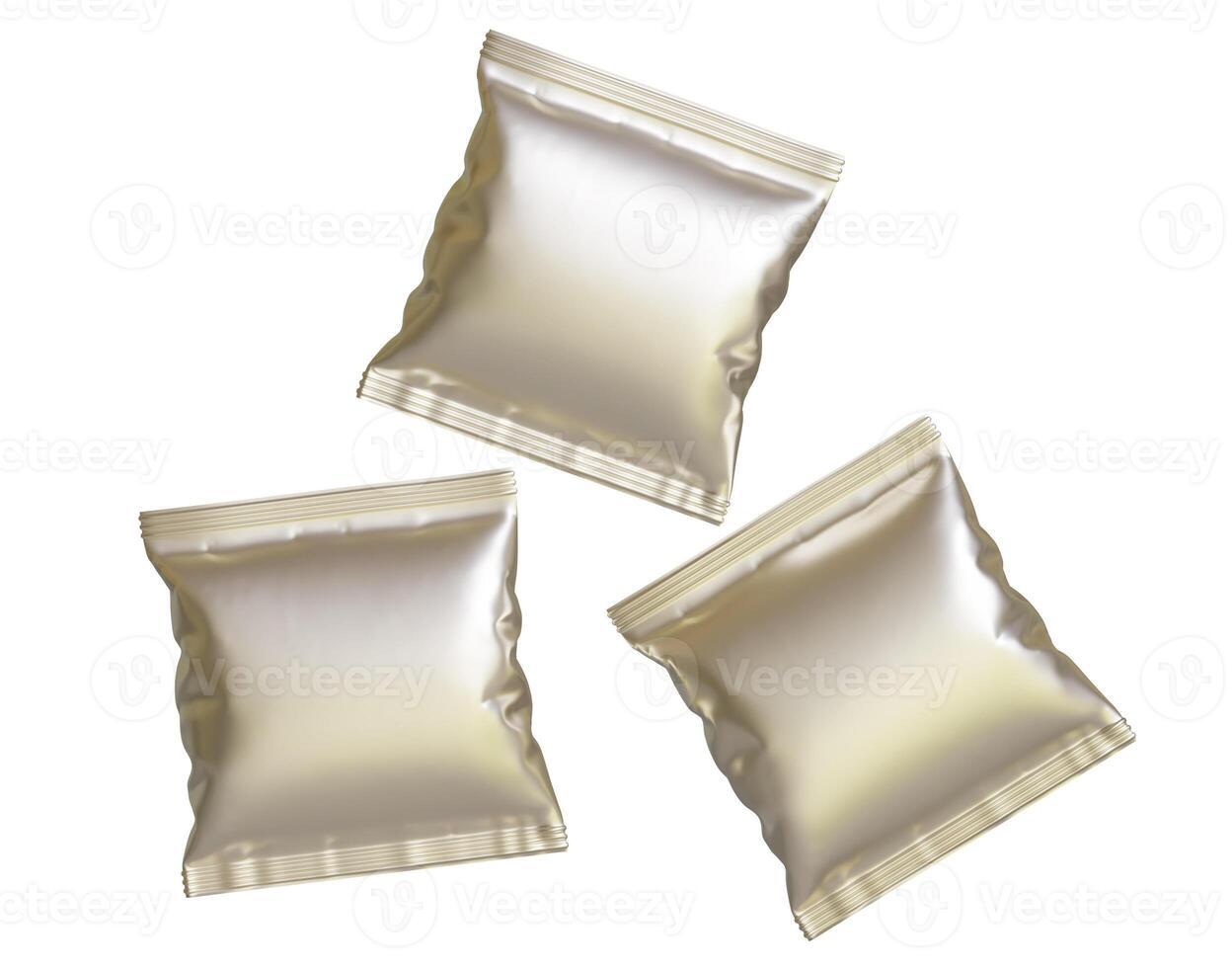 leer Weiß Plastik und Silber metallisch vereiteln Tasche zum Verpackung Design. Attrappe, Lehrmodell, Simulation Vorlage zum Essen Snack, Chips, Kekse, Erdnüsse, Süßigkeiten. realistisch Illustration isoliert auf Weiß Hintergrund foto