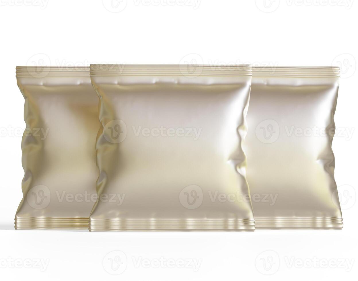 leer Weiß Plastik und Silber metallisch vereiteln Tasche zum Verpackung Design. Attrappe, Lehrmodell, Simulation Vorlage zum Essen Snack, Chips, Kekse, Erdnüsse, Süßigkeiten. realistisch Illustration isoliert auf Weiß Hintergrund foto