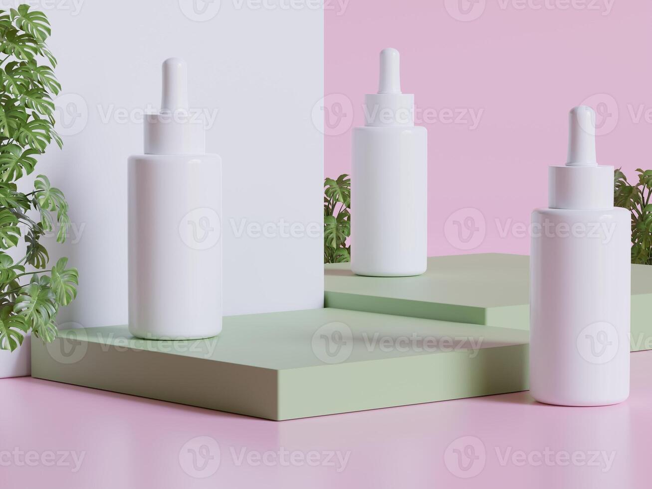 realistisch kosmetisch Verpackung, Schönheit Produkt Container Satz, Plastik Flasche Illustration leer. sprühen Flasche, Sahne Tube und Krug Attrappe, Lehrmodell, Simulation Sammlung auf das Podium 3d. klar Spa Hygiene Objekt foto