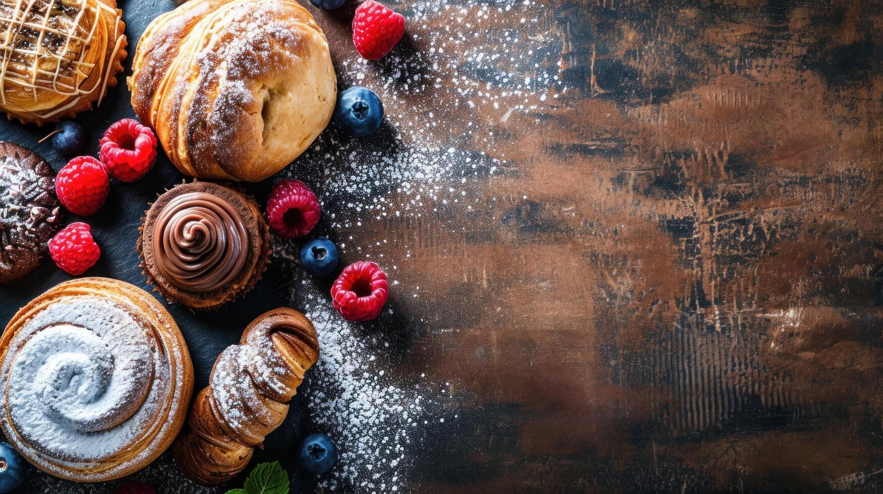 ai generiert Süss Bäckerei Werbung Hintergrund mit Kopieren Raum foto