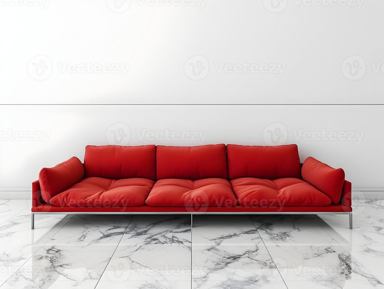 ai generiert modern groß rot Sofa zum Leben Zimmer auf ein sauber hell Weiß Mauer Hintergrund und Marmor Boden. hohe Auflösung. ai generativ foto