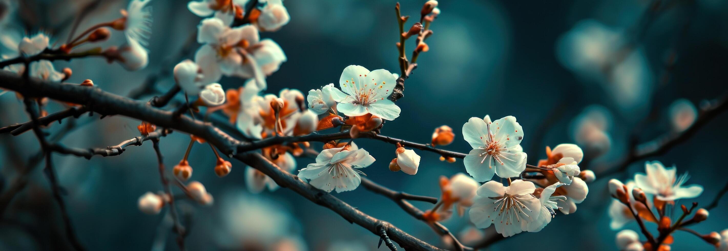 ai generiert ein Ast von Weiß Blumen auf ein Baum durch ein Blau Hintergrund foto
