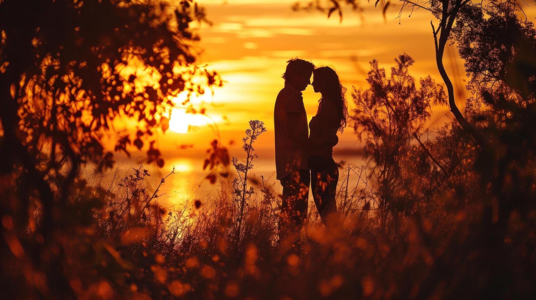 ai generiert romantisch Sonnenuntergang Silhouette foto
