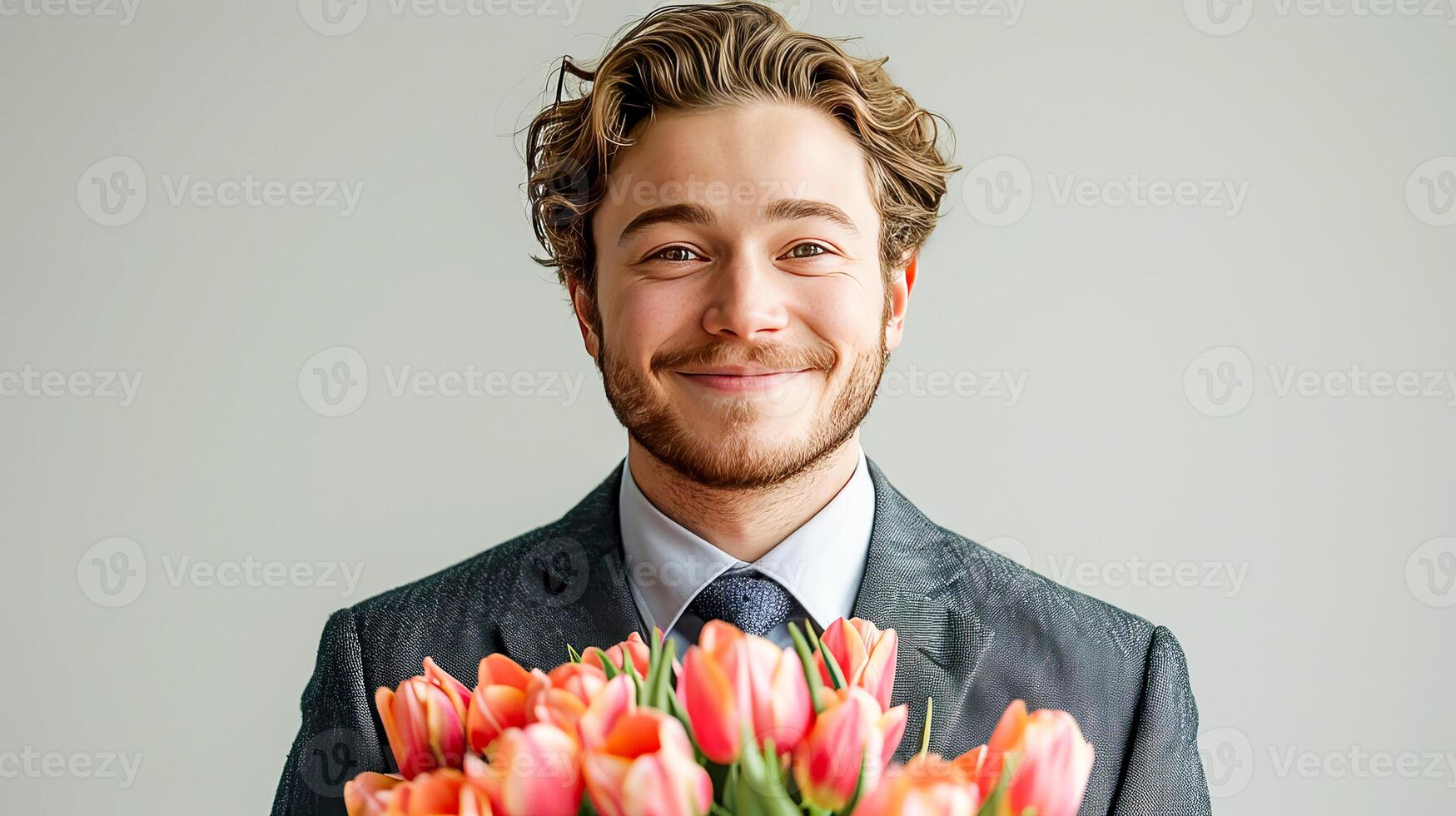 ai generiert ein jung Mann im ein klassisch passen mit ein Krawatte hält ein Strauß von Tulpen und lächelt. ai generiert. foto