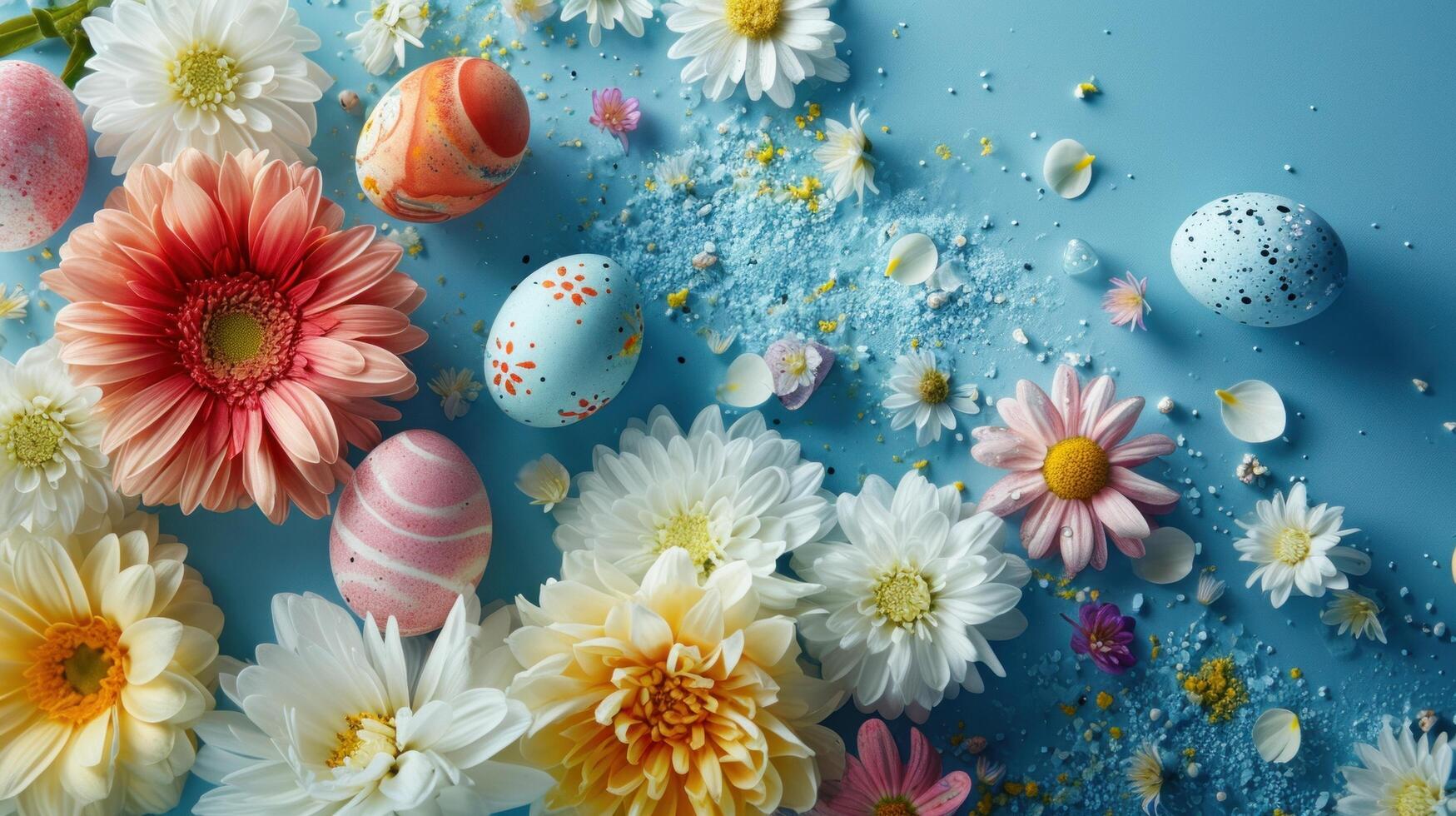 ai generiert Ostern mit ein Explosion von Blühen Blumen ergänzt durch Ostern Eier foto