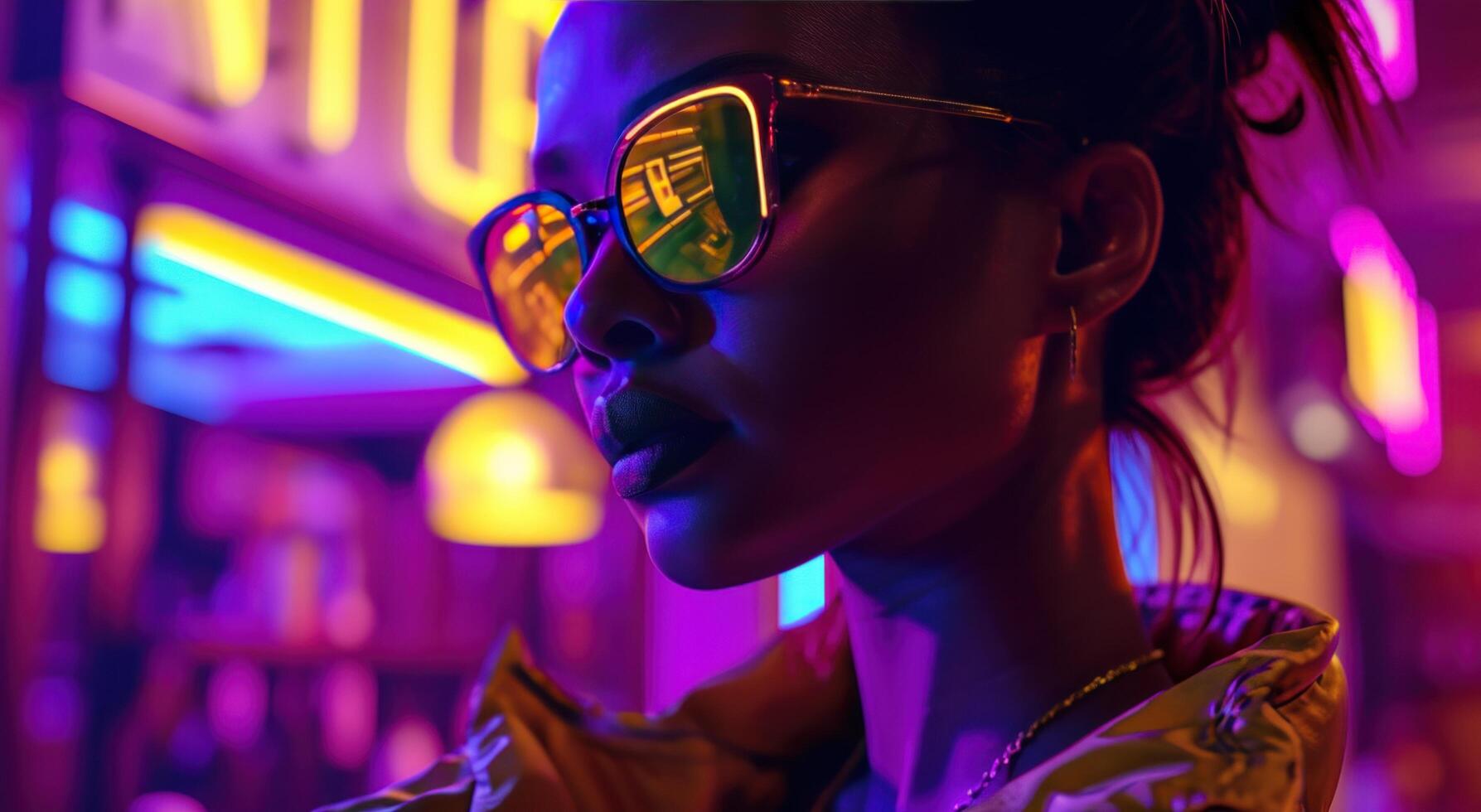ai generiert ein Mädchen im Sonnenbrille und Neon- beim Nachtclub foto